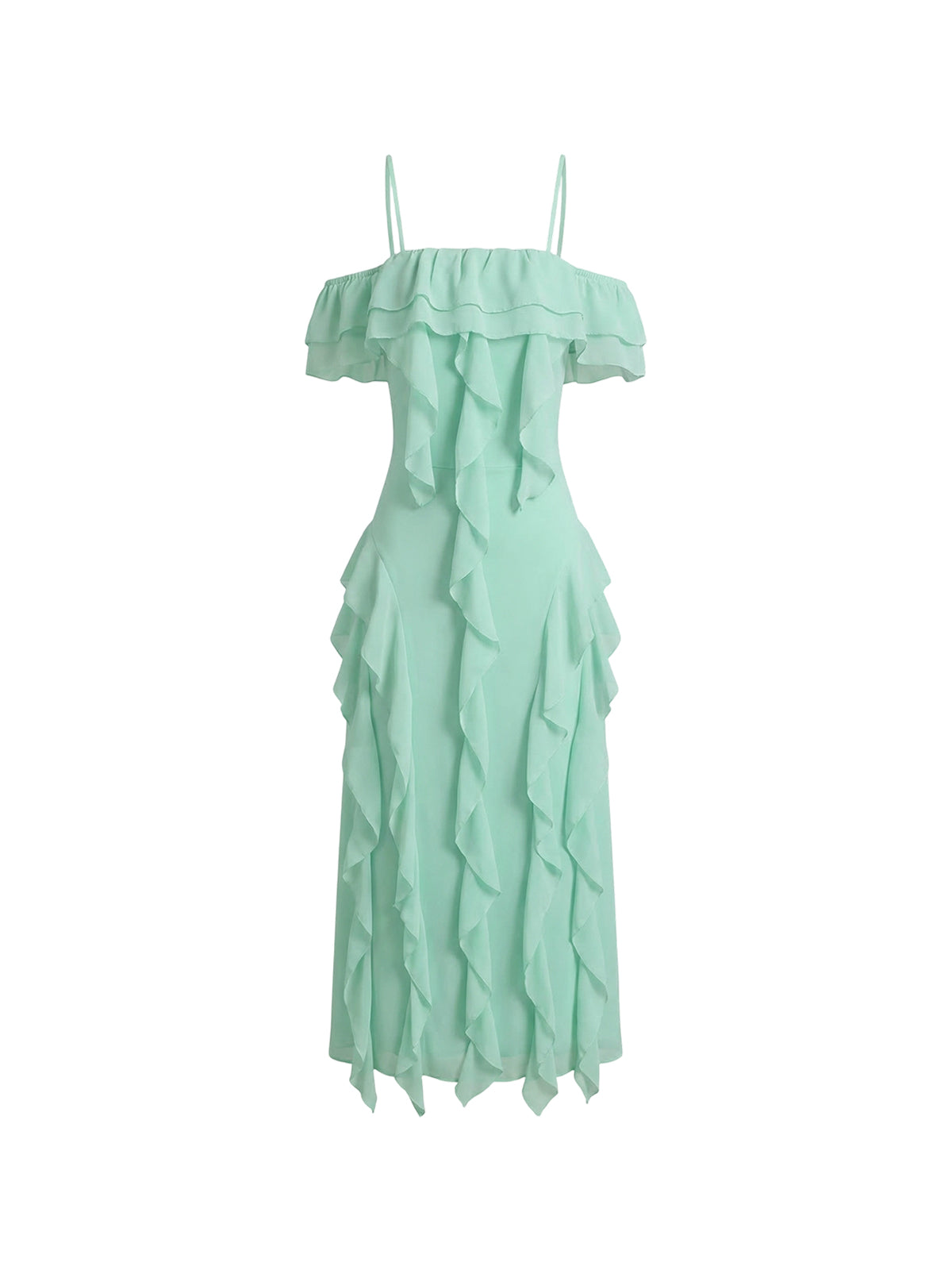 Robe Nerina Elyth Édition : une robe de soirée midi vert menthe à l'esprit romantique, confectionnée dans un crêpe de soie léger. Elle se distingue par un décolleté à épaules dénudées agrémenté de fines bretelles et une cascade de volants verticaux sur le buste et la jupe, créant un mouvement fluide et vaporeux idéal pour un mariage ou une réception en plein air.