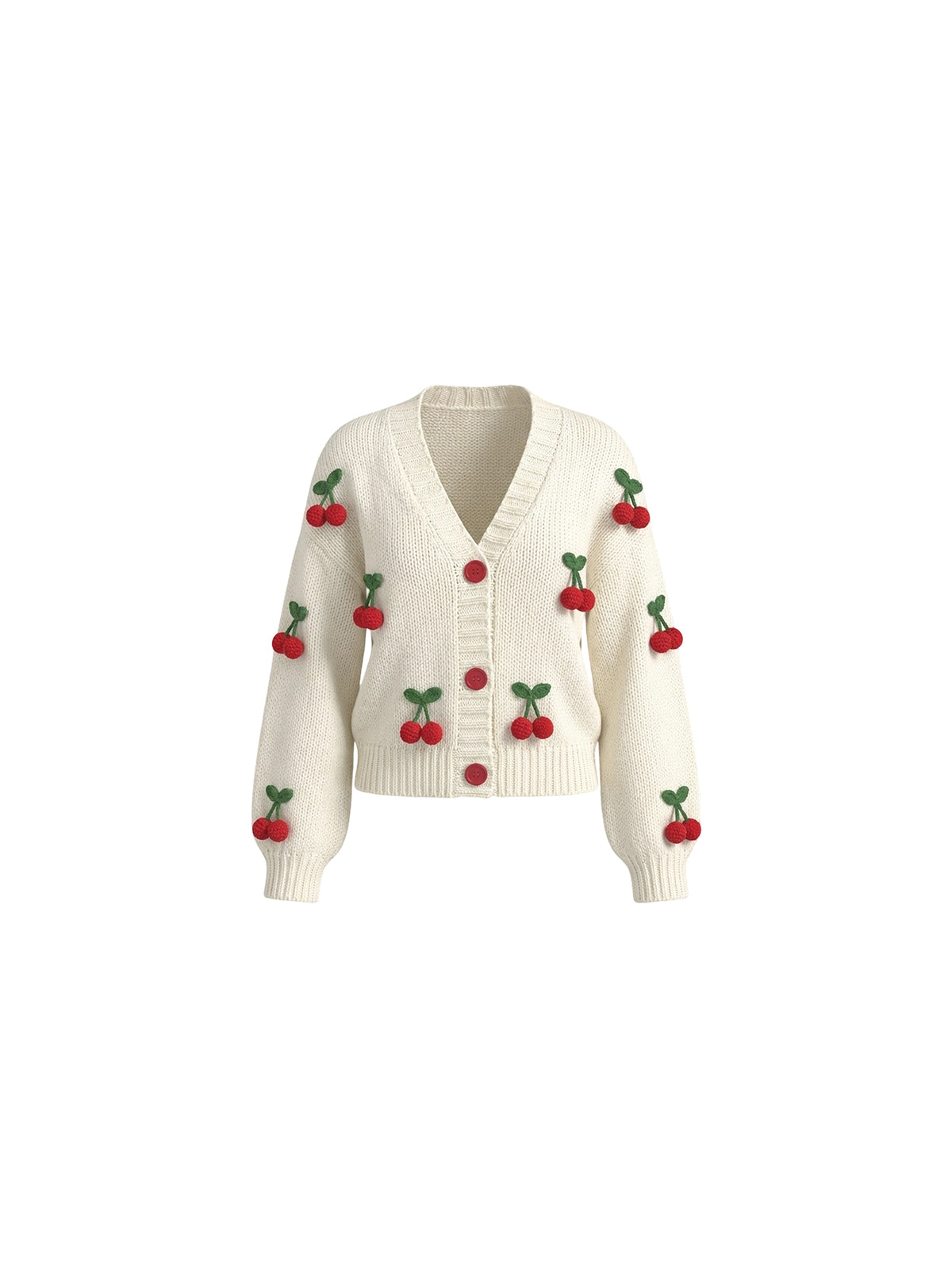 Cardigan Lily Elyth Édition : gilet en maille épaisse blanc cassé à col en V, orné de broderies de cerises rouges en relief 3D avec tiges vertes et boutons rouges contrastants.