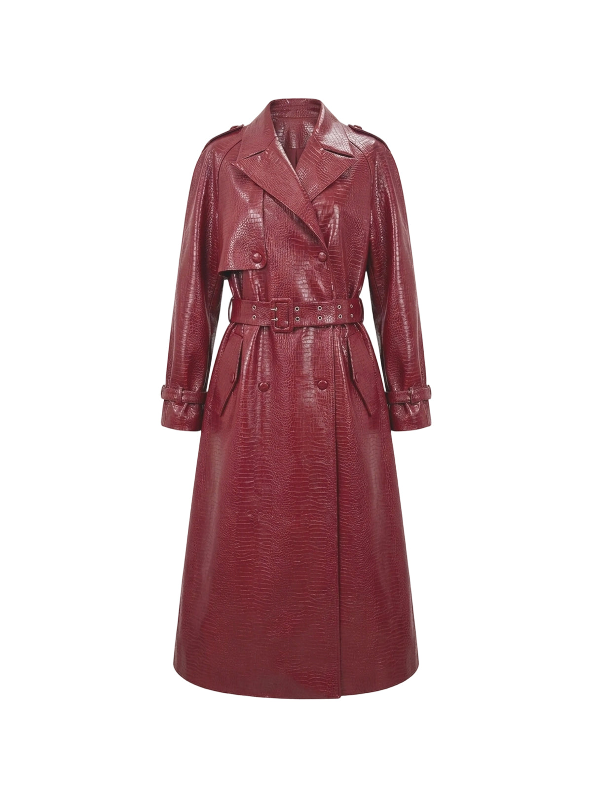Manteau trench Athena Elyth Édition : trench-coat long en similicuir bordeaux à effet peau de crocodile (croco), doté d'une ceinture ajustée à la taille, d'un double boutonnage et de pattes de serrage aux poignets.