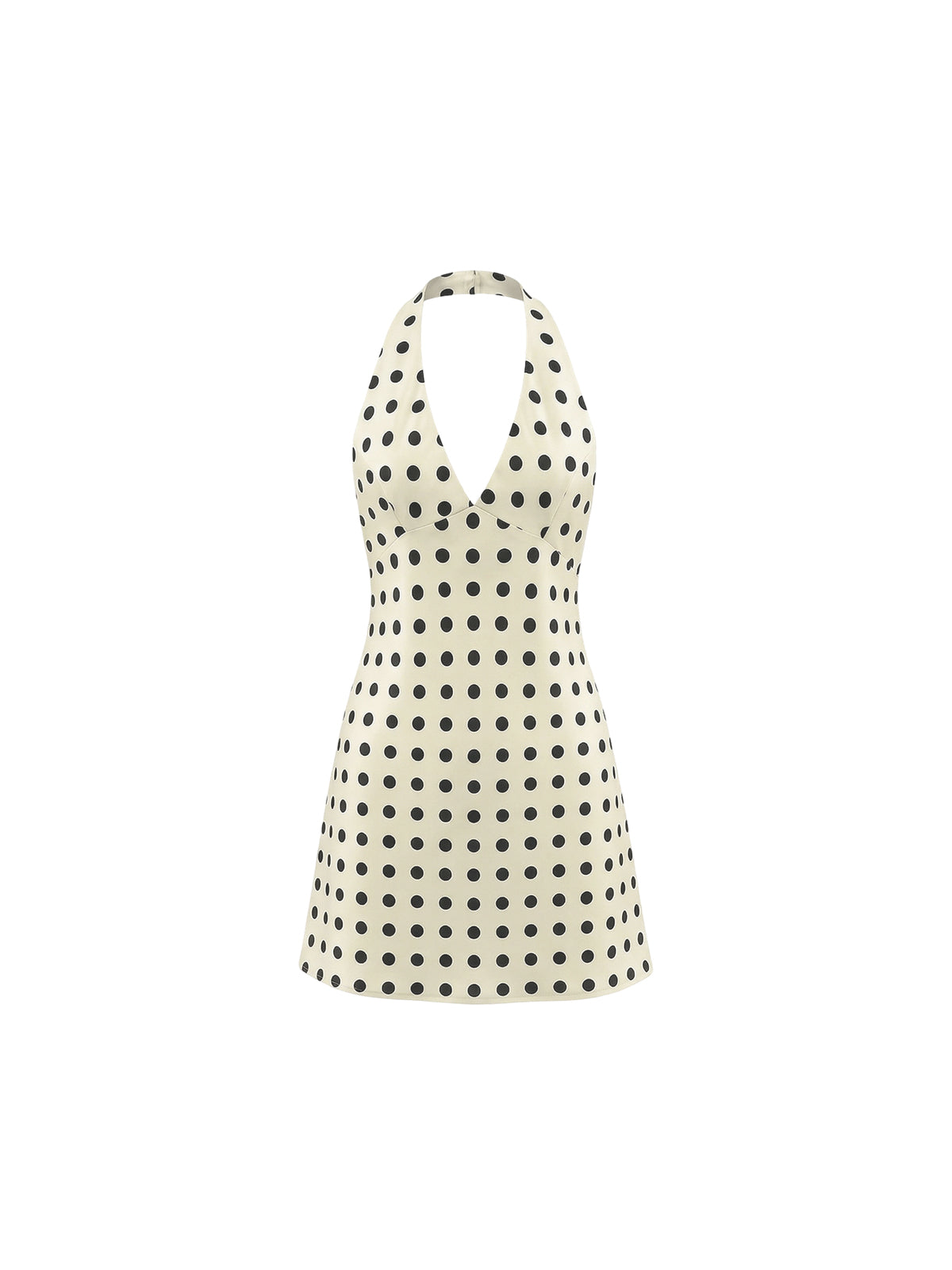 Robe Adeline Elyth Édition : robe courte à imprimé pois noirs sur fond crème, dotée d'un col licou classique et d'un décolleté plongeant en V, avec une coupe trapèze flatteuse d'inspiration rétro et intemporelle.