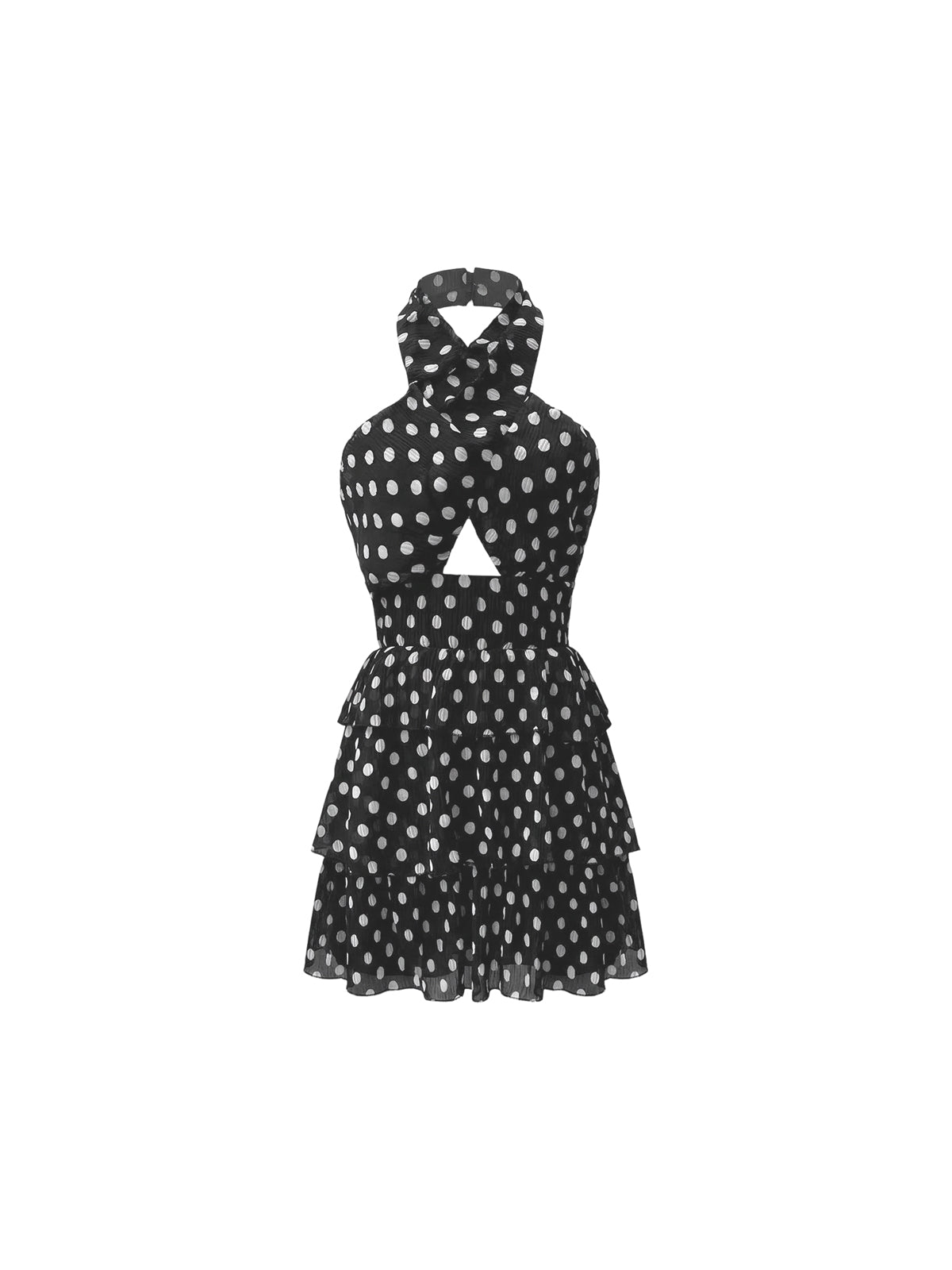 Robe Aiko Elyth Édition : mini robe noire à pois blancs, confectionnée dans un tissu plissé aérien. Ce modèle se distingue par son col montant croisé, une ouverture triangulaire audacieuse sous la poitrine et une jupe courte à volants superposés, créant une silhouette dynamique, féminine et espiègle.
