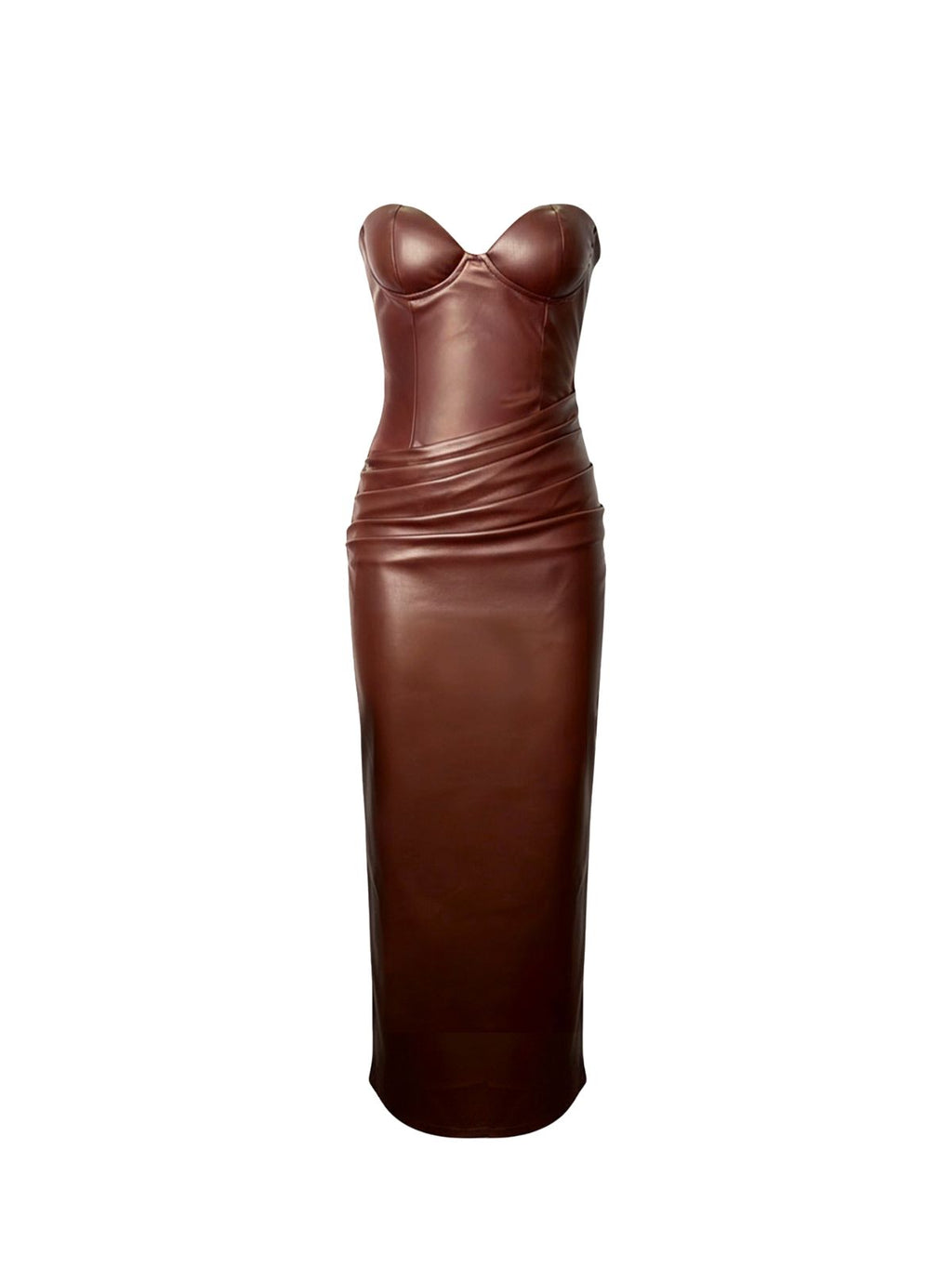 Robe Alexandra Elyth Édition : robe longue bustier fourreau en similicuir marron chocolat, dotée d'un décolleté cœur structuré et d'un drapé élégant à la taille pour une silhouette sculptée et moderne.