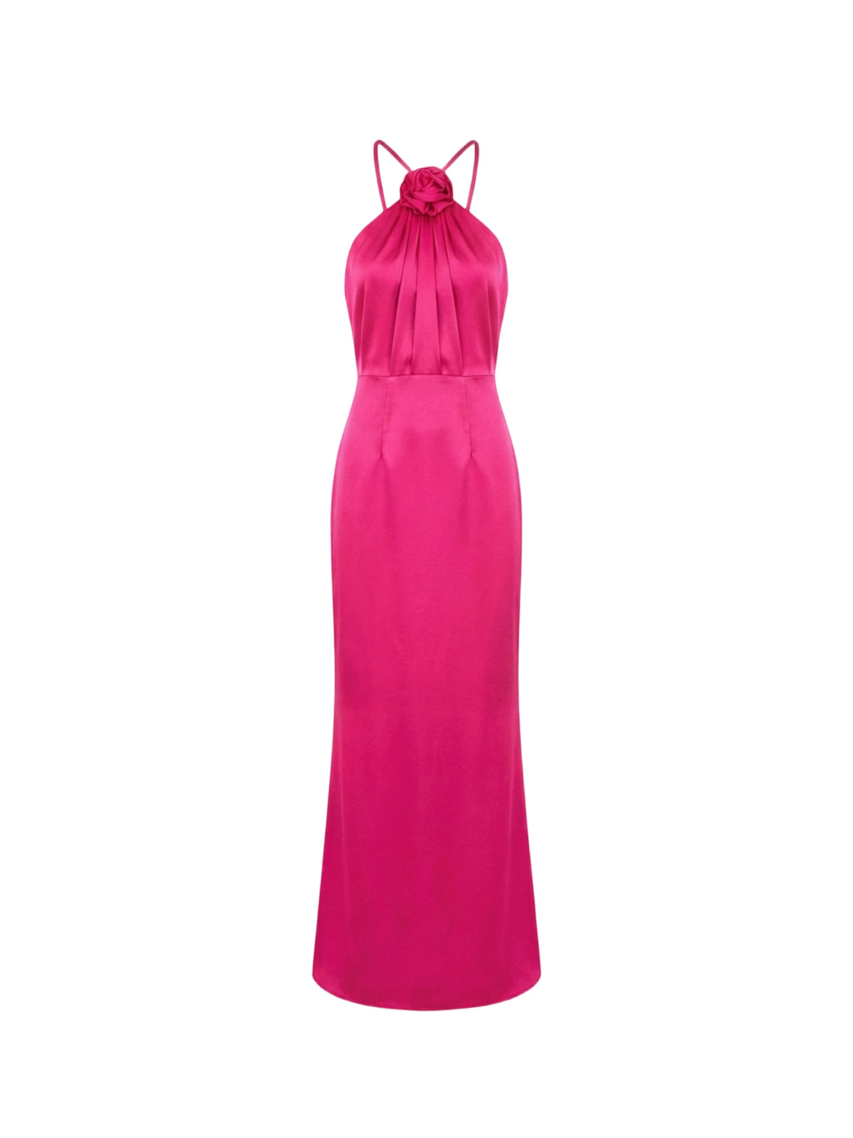 Robe Amelia Elyth Édition : robe longue de soirée en satin rose fuchsia éclatant, silhouette colonne fluide avec un col dos nu (halter neck) plissé et une fleur 3D signature en satin au centre du décolleté.