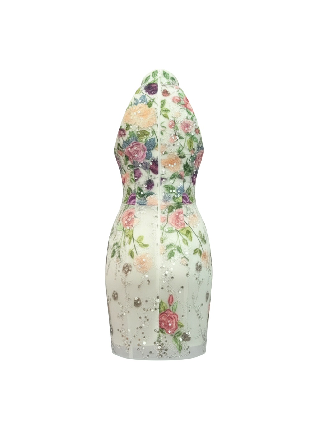 Robe Aria Elyth Édition : mini robe de cocktail blanche à col montant, confectionnée en tulle transparent rehaussé de broderies florales multicolores (rose, violet, vert), de sequins argentés et d'applications de fleurs 3D pour un relief luxueux.