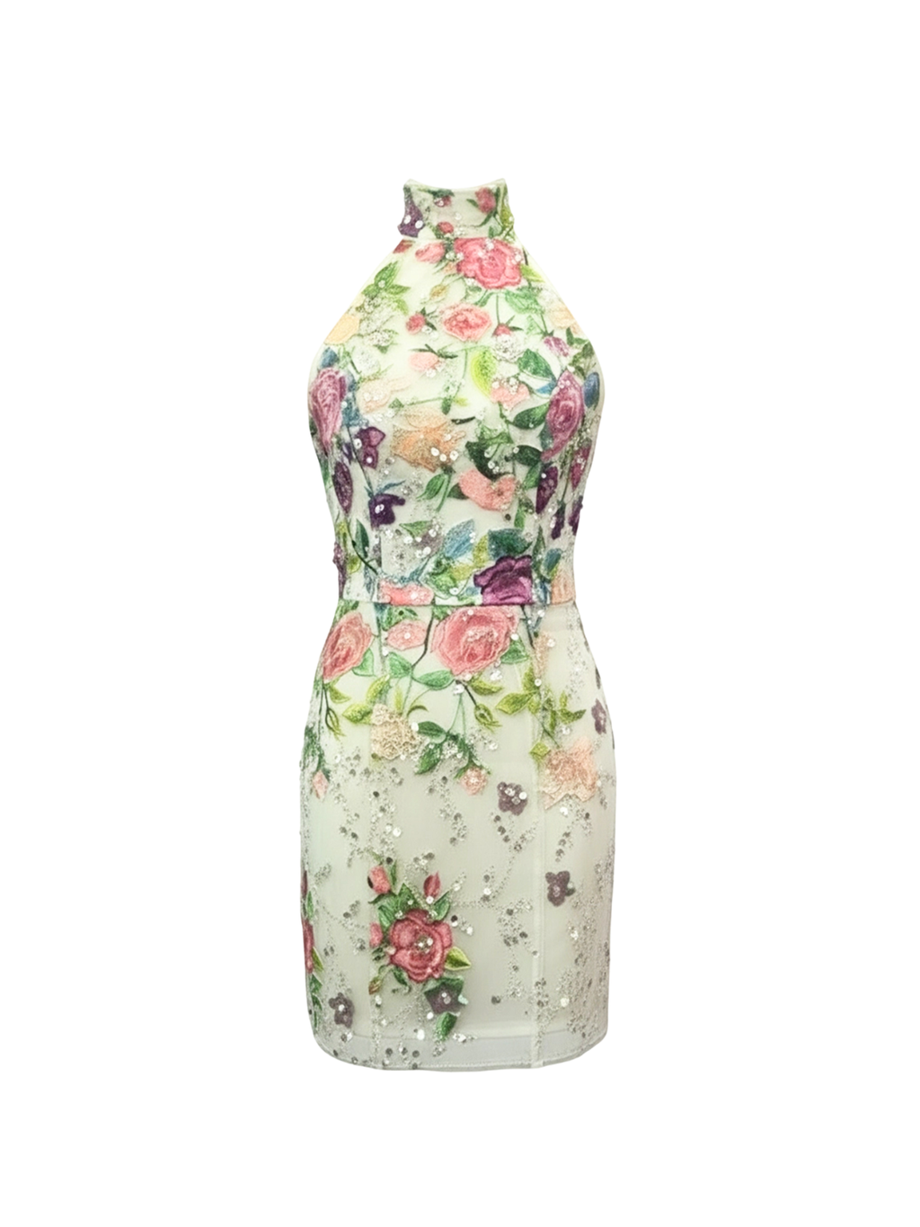 Robe Aria Elyth Édition : mini robe de cocktail blanche à col montant, confectionnée en tulle transparent rehaussé de broderies florales multicolores (rose, violet, vert), de sequins argentés et d'applications de fleurs 3D pour un relief luxueux.