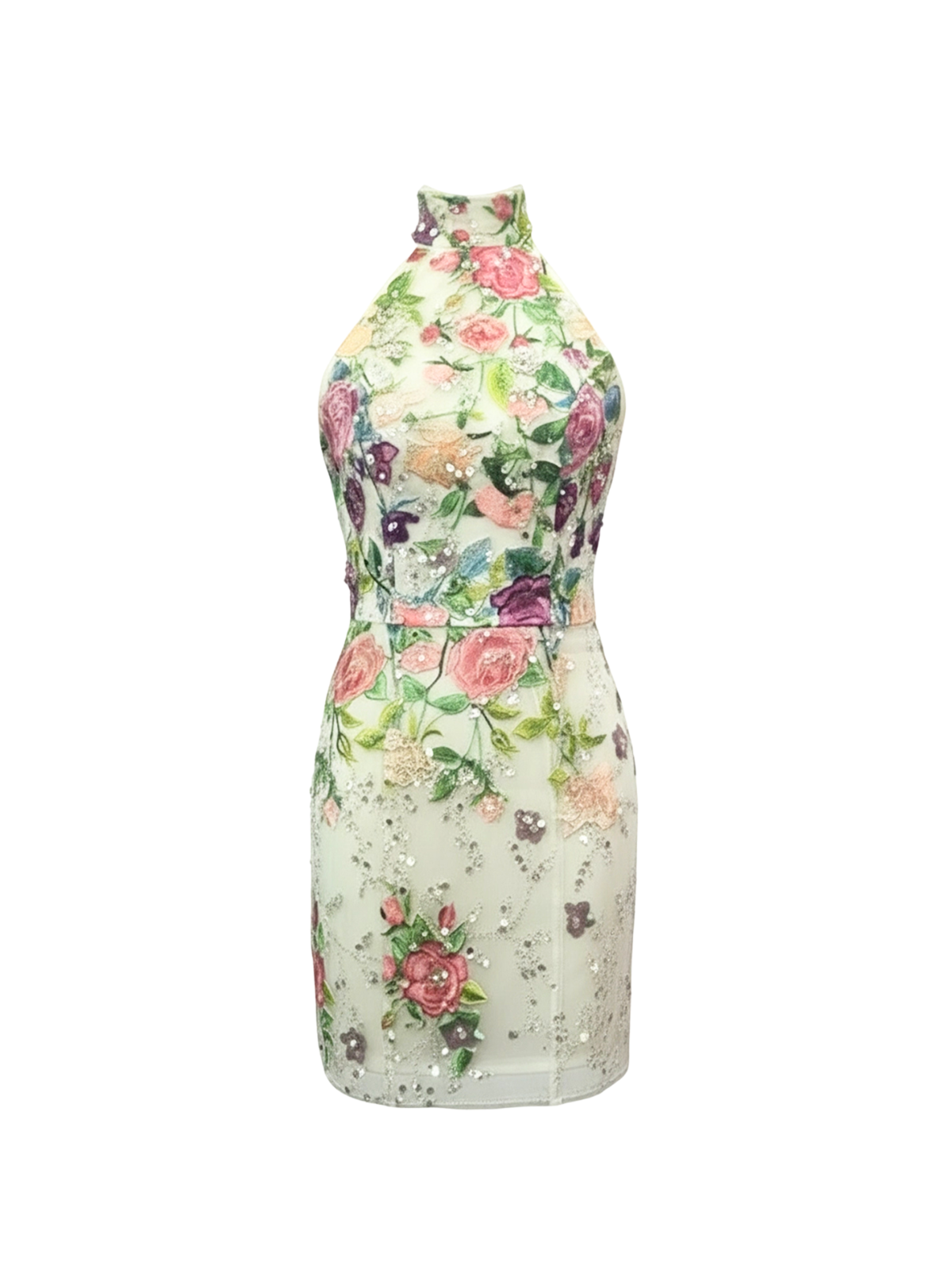 Robe Aria Elyth Édition : mini robe de cocktail blanche à col montant, confectionnée en tulle transparent rehaussé de broderies florales multicolores (rose, violet, vert), de sequins argentés et d'applications de fleurs 3D pour un relief luxueux.