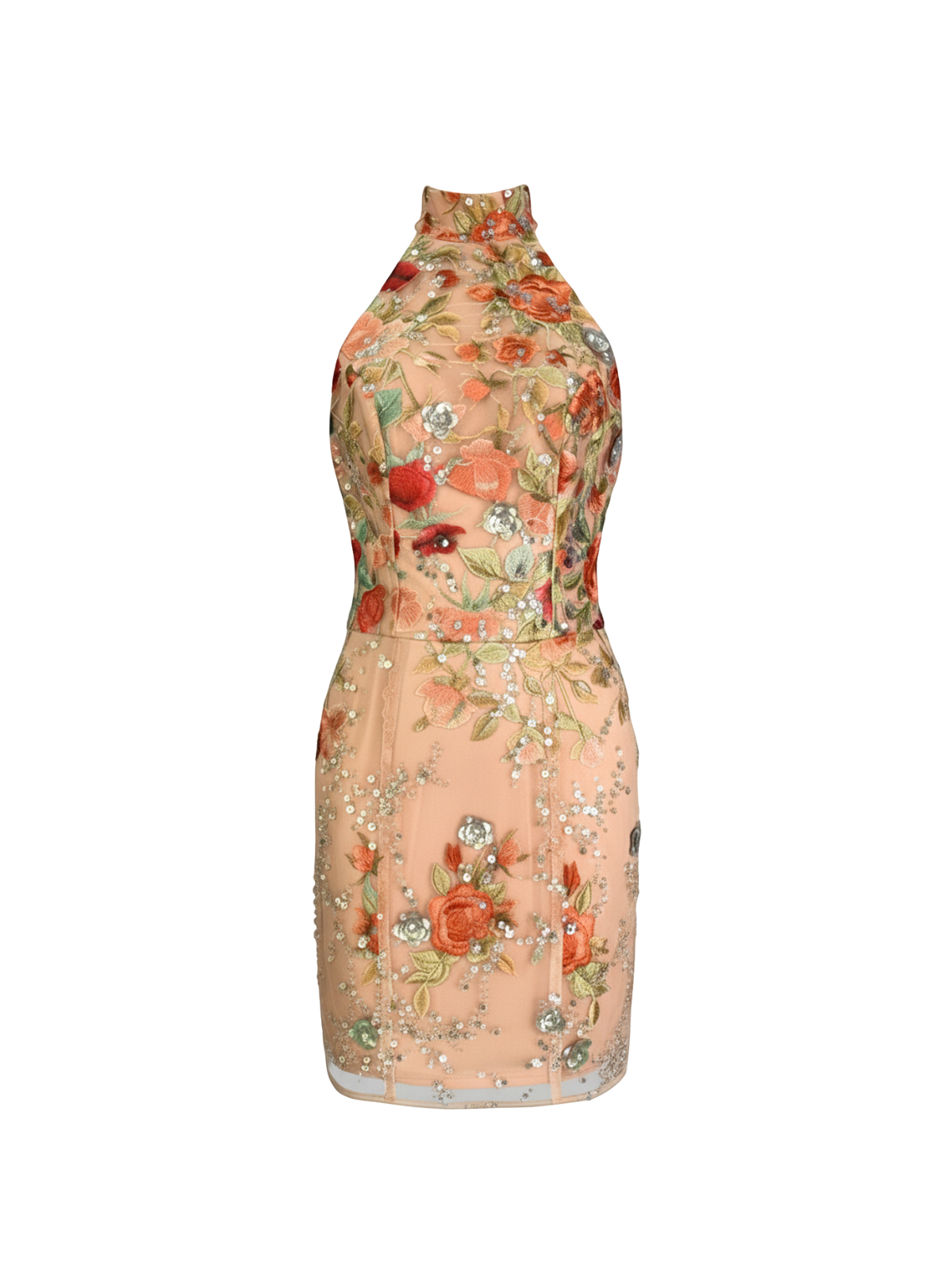Robe Aria Elyth Édition : mini robe de cocktail à col montant et coupe fourreau, confectionnée en tulle nude transparent intégralement ornée de broderies florales orangées, corail et vertes rehaussées de sequins scintillants et de fleurs 3D.