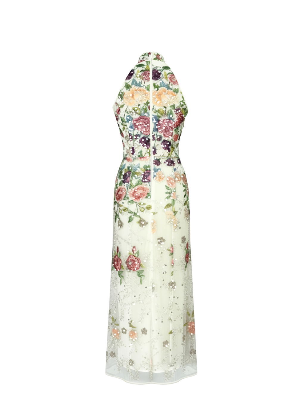 Robe Aria Elyth Édition : robe de soirée longue blanche à col montant et coupe fourreau sirène, réalisée en tulle transparent luxueux avec des broderies florales multicolores denses rehaussées de sequins scintillants et de fleurs 3D appliquées sur toute la longueur.