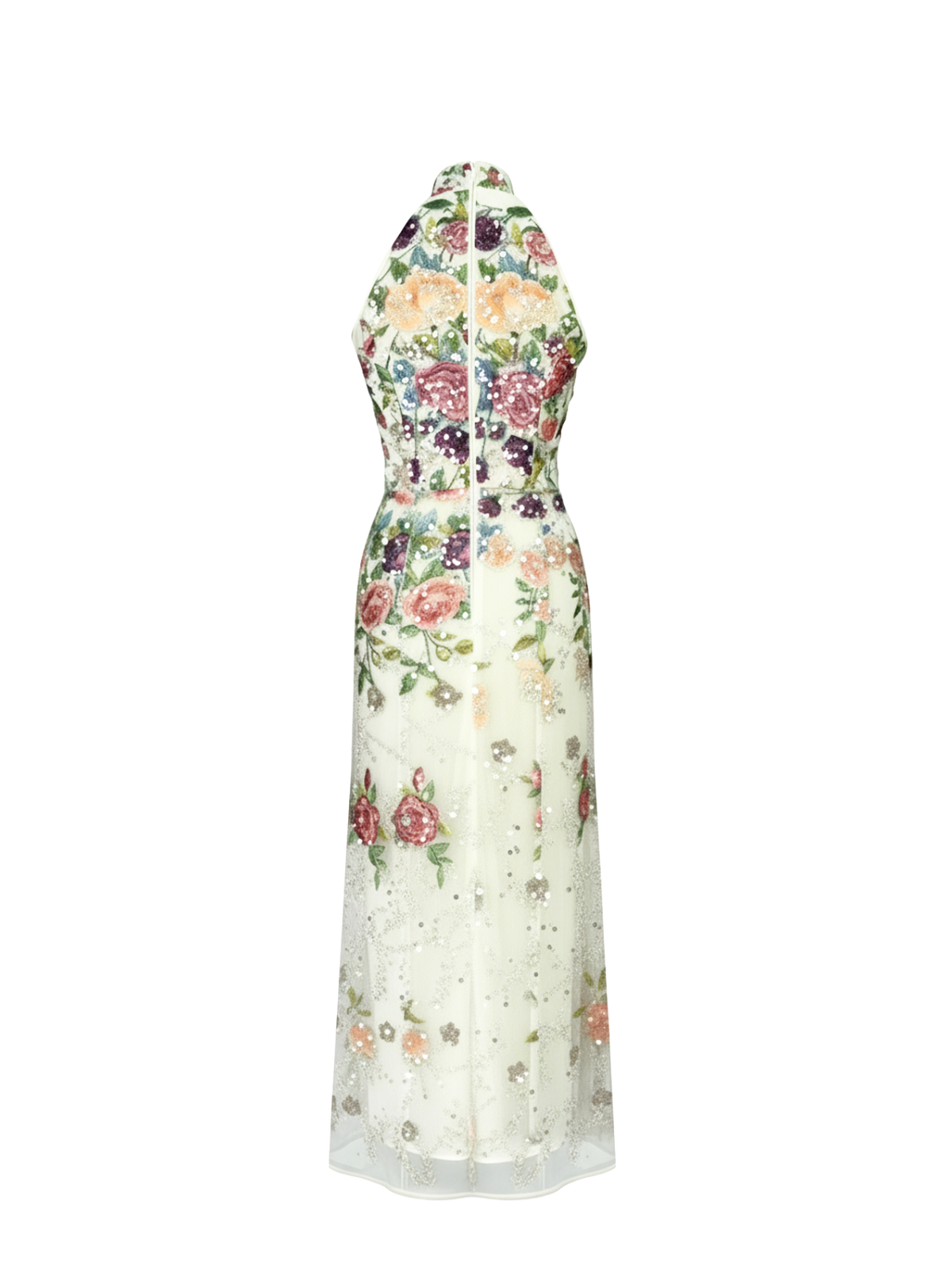 Robe Aria Elyth Édition : robe de soirée longue blanche à col montant et coupe fourreau sirène, réalisée en tulle transparent luxueux avec des broderies florales multicolores denses rehaussées de sequins scintillants et de fleurs 3D appliquées sur toute la longueur.
