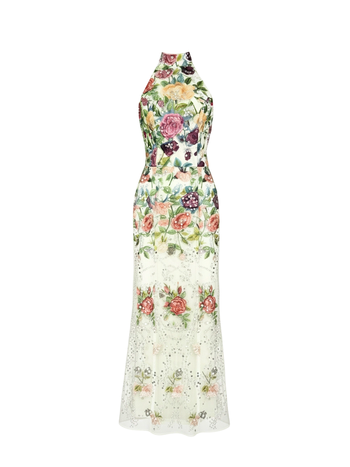 Robe Aria Elyth Édition : robe de soirée longue blanche à col montant et coupe fourreau sirène, réalisée en tulle transparent luxueux avec des broderies florales multicolores denses rehaussées de sequins scintillants et de fleurs 3D appliquées sur toute la longueur.
