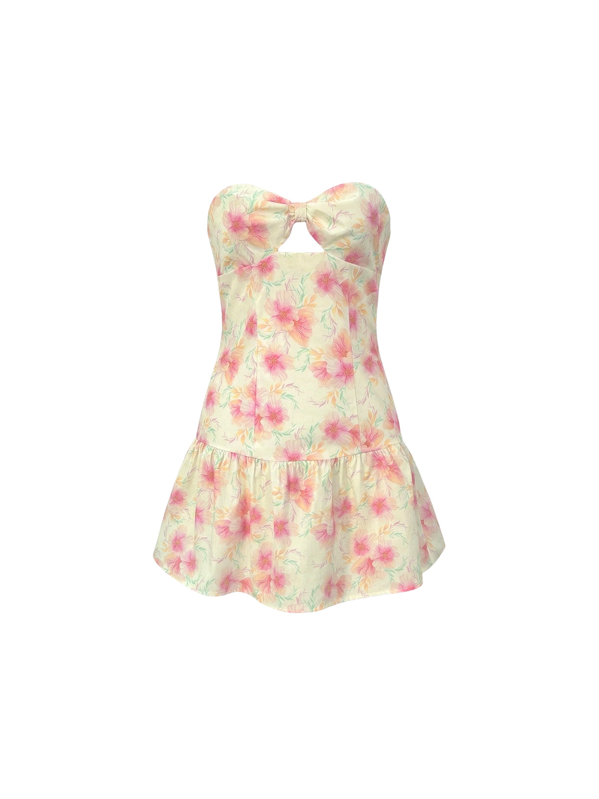 Robe Audrey Elyth Édition : mini-robe bustier à imprimé floral aquarelle dans les tons rose et pêche, dotée d'un décolleté en forme de nœud avec une découpe "cut-out" subtile et une jupe courte à volants pour un look estival et féminin.