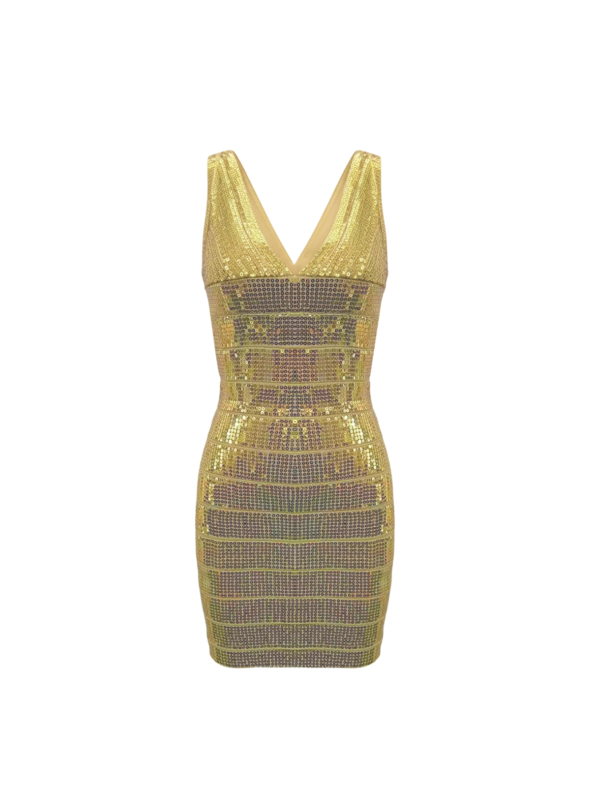 Robe Aure Elyth Édition : mini robe de soirée dorée à sequins rectangulaires effet miroir disposés en lignes horizontales, dotée d'un décolleté en V plongeant et d'une coupe ajustée pour une silhouette scintillante et luxueuse.