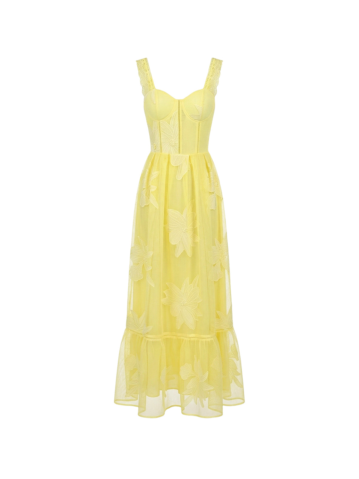 Robe Aurelia Elyth Édition : robe midi jaune citron en tulle brodé de fleurs ton sur ton, dotée d'un bustier corset structuré, de bretelles en dentelle délicate et d'une jupe évasée à volants pour une silhouette solaire et romantique.