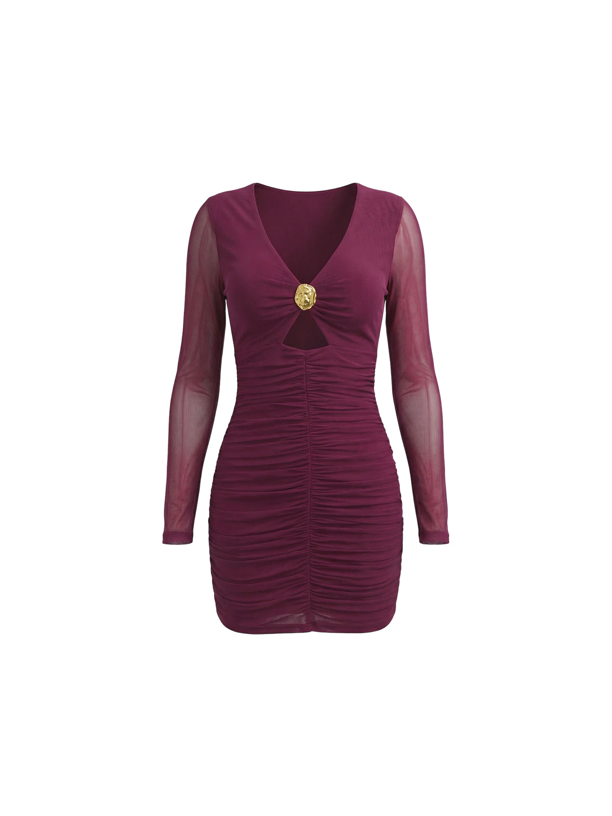 Robe Autumn Elyth Édition : mini robe de soirée bordeaux en tulle extensible, caractérisée par un design entièrement froncé qui sculpte la silhouette. Elle présente des manches longues transparentes, un décolleté en V plongeant et un détail de boucle dorée martelée au centre, alliant élégance moderne et glamour audacieux.