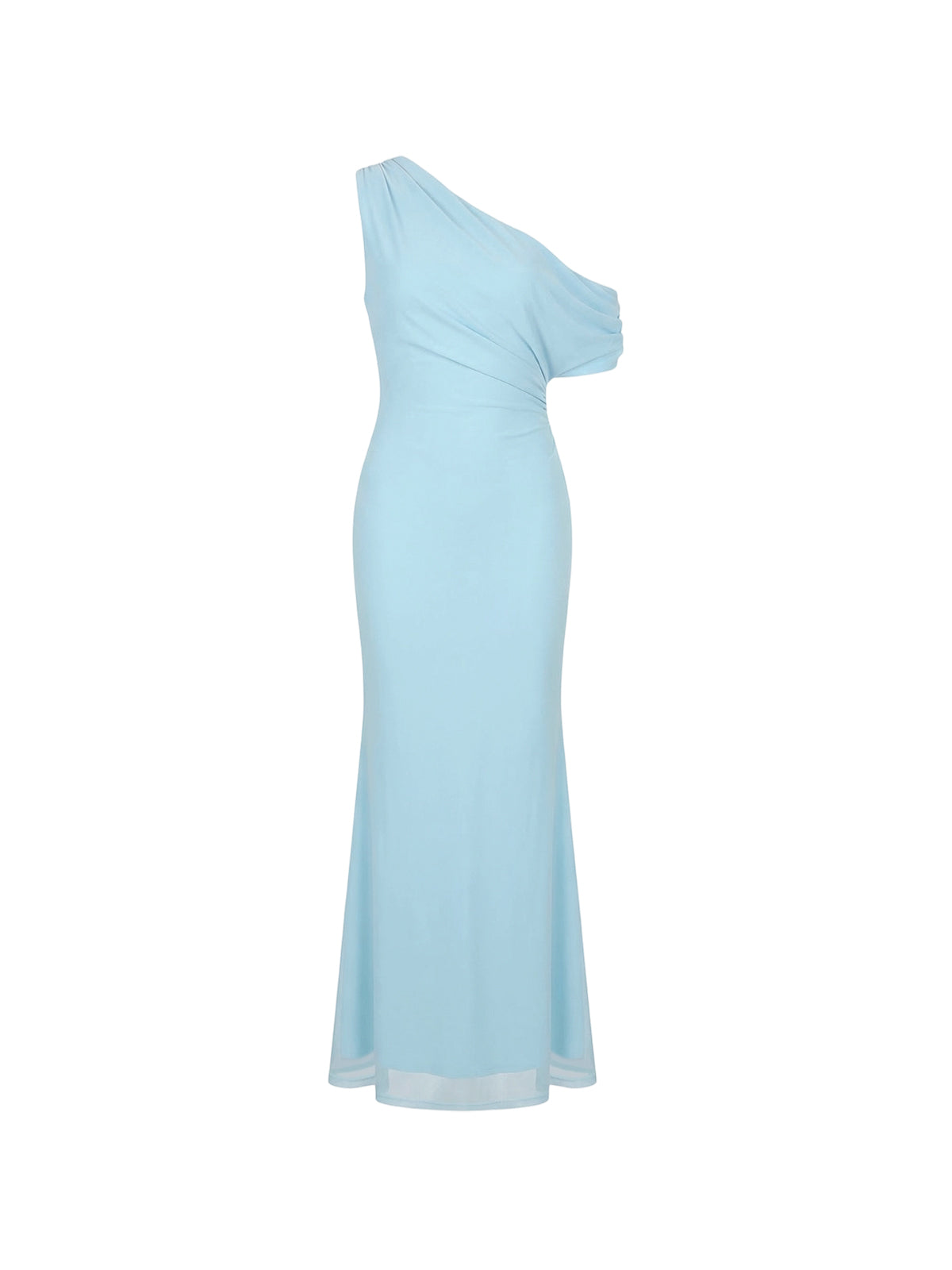 Robe Avielle Elyth Édition : robe de soirée longue bleu ciel à la silhouette sirène épurée. Ce modèle asymétrique présente une épaule dénudée et un drapé sophistiqué sur le buste qui souligne la taille. Sa coupe fluide et minimaliste offre une allure à la fois élégante, sereine et intemporelle.