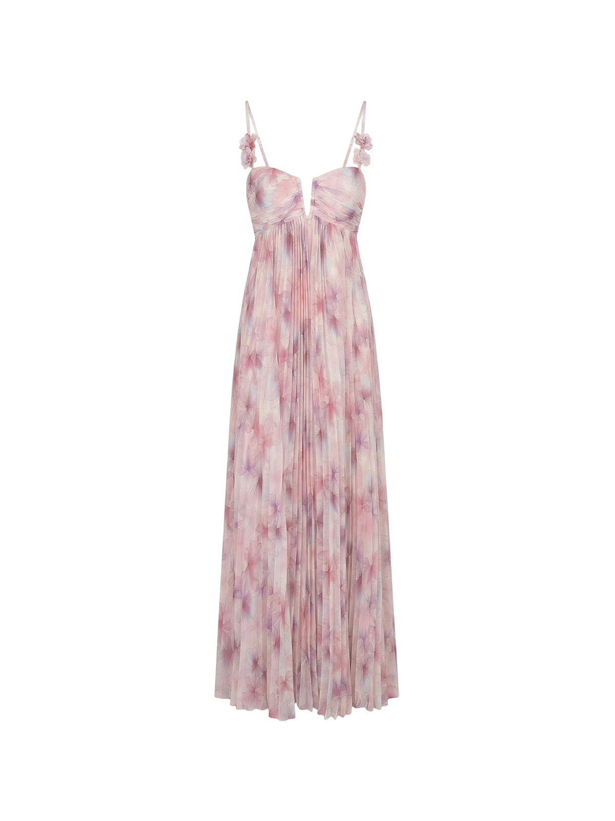 Robe Azura Elyth Édition : robe longue vaporeuse en tulle plissé, ornée d'un imprimé floral délicat dans des tons rose poudré et lavande. Elle présente un bustier ajusté à décolleté en V plongeant, des bretelles fines décorées de fleurs en relief et une jupe évasée offrant une allure romantique et féerique.