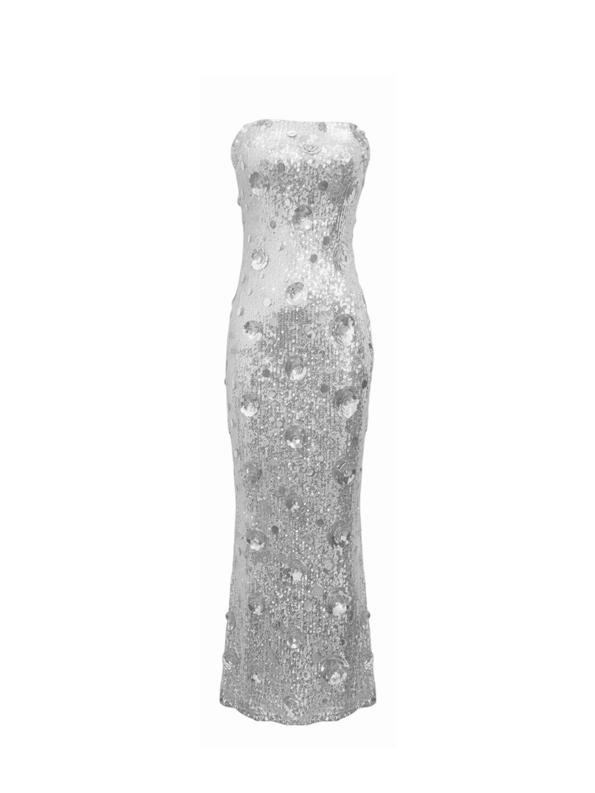 Robe Becky Elyth Édition : robe longue de soirée bustier argentée entièrement recouverte de micro-sequins scintillants et ornée de cristaux ronds XXL en relief sur l'ensemble du vêtement pour un effet miroir spectaculaire.