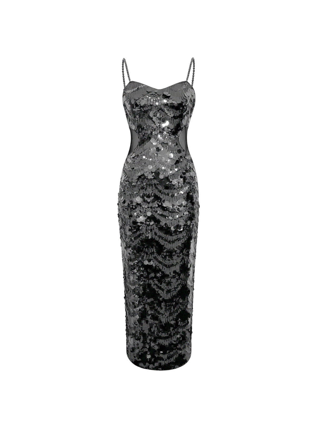 Robe Bettie Elyth Édition : robe mi-longue fourreau gris anthracite entièrement recouverte de larges sequins effet écailles, avec bretelles fines perlées, décolleté en cœur et découpes latérales transparentes à la taille.
