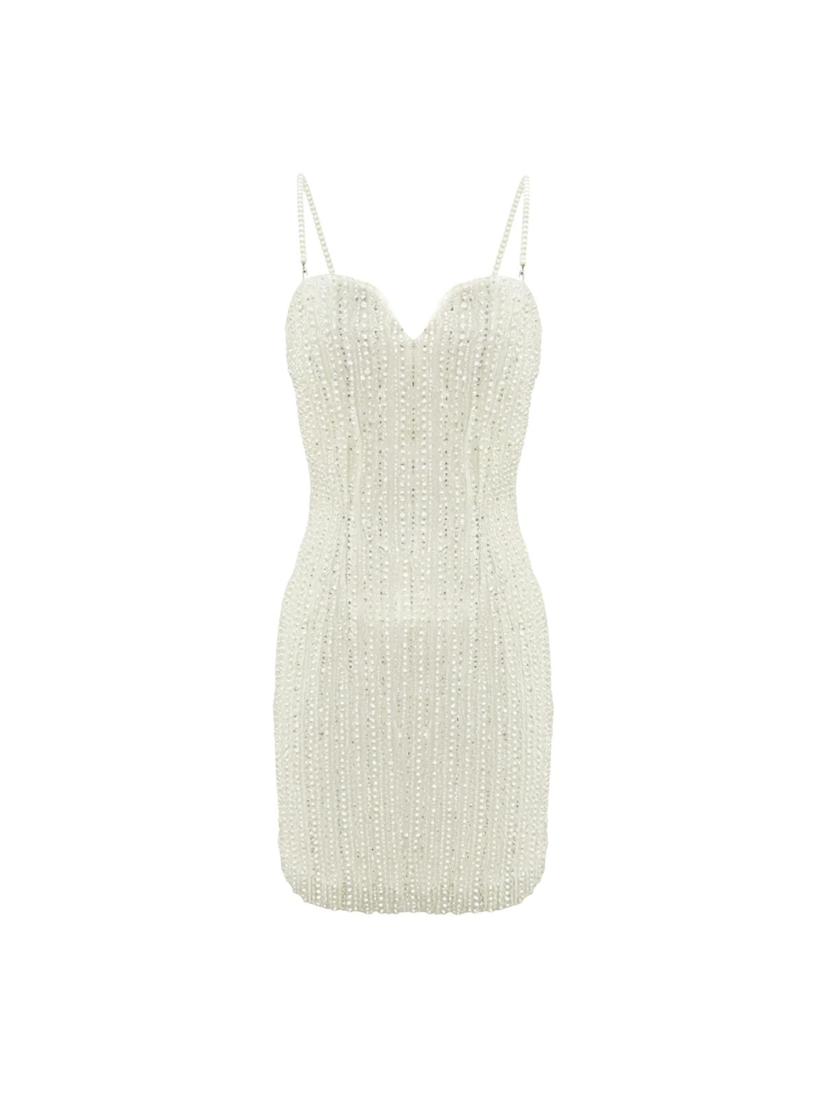 Robe Betty Elyth Édition : mini robe de soirée blanche ajustée à décolleté en cœur plongeant, intégralement ornée de rangées verticales de perles nacrées et de cristaux scintillants, dotée de fines bretelles perlées pour une silhouette luxueuse et étincelante.