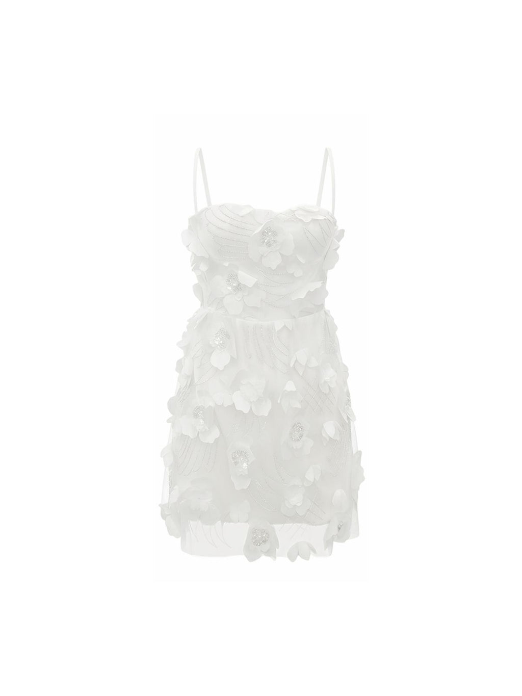 Robe Blair Elyth Édition : mini robe de cocktail blanche en tulle transparent, ornée de fleurs 3D appliquées à la main avec centres en perles et sequins, dotée de fines bretelles et d'un bustier structuré pour une allure féerique.