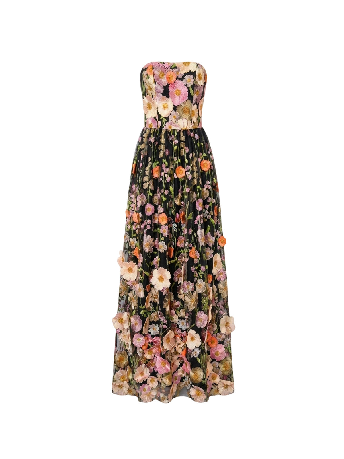 Robe Briarose Elyth Édition : robe longue bustier noire recouverte de tulle et de broderies florales colorées en 3D, avec un effet jardin enchanté et une silhouette élégante.