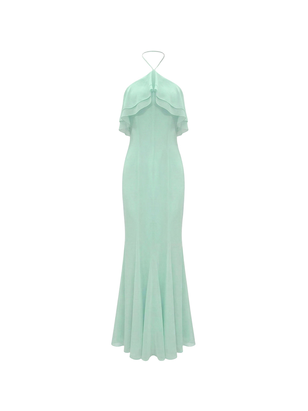 Celeste Dress by Elyth Édition: a mint green maxi evening gown in fluid chiffon, featuring a delicate halter neck and an elegant double-layered ruffle at the bust for an airy cape effect, finishing in a flared mermaid silhouette.