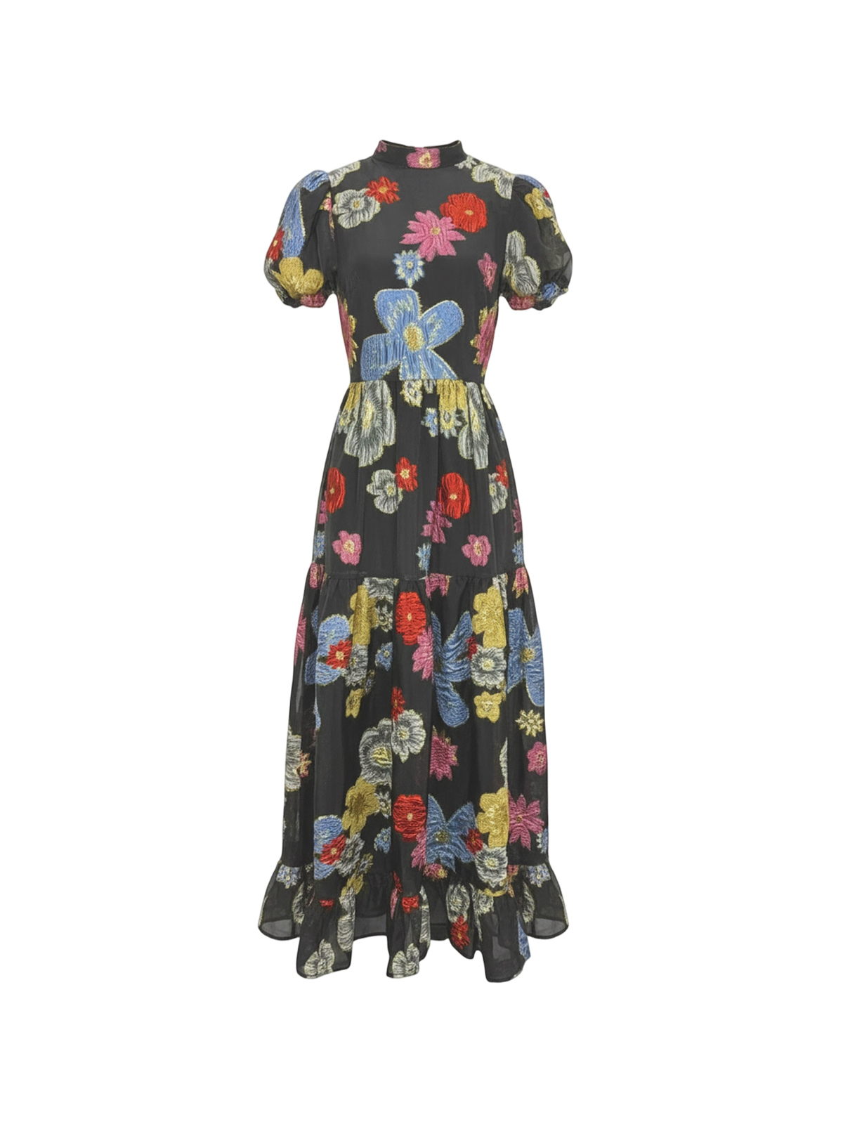Robe Claire Elyth Édition : robe longue noire à col montant et manches courtes bouffantes, ornée de broderies florales multicolores (bleu, rose, jaune et rouge) sur organza transparent, avec une jupe à volants étagés pour un style bohème chic.