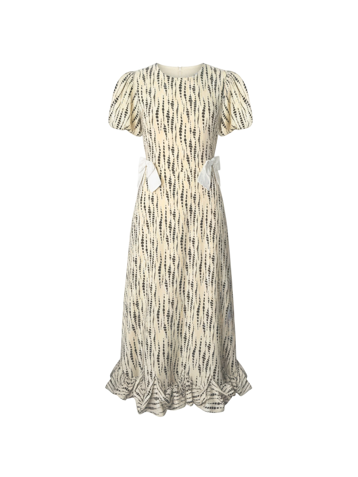 Robe Claire Elyth Édition : robe mi-longue beige crème à imprimé pointilliste noir, dotée de manches courtes bouffantes, de deux nœuds blancs décoratifs à la taille et d'un ourlet à volants froncés pour une allure romantique.