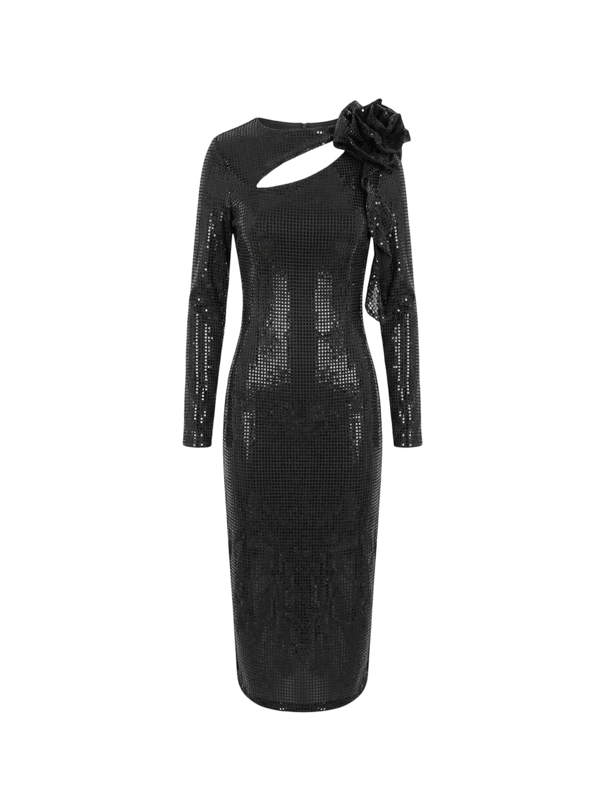 Robe Clementine Elyth Édition : robe mi-longue noire à manches longues recouverte de sequins scintillants, présentant une découpe asymétrique au décolleté et une grande fleur 3D sculpturale sur l'épaule.