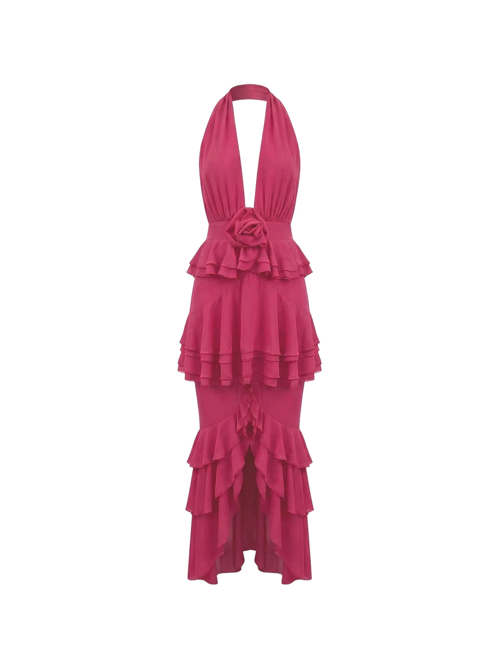 Robe Corisande Elyth Édition : robe longue fuchsia audacieuse avec un décolleté licou plongeant et une fleur sculpturale à la taille. Sa jupe asymétrique est ornée de multiples cascades de volants vaporeux, créant une silhouette spectaculaire et pleine de mouvement pour une allure résolument couture.