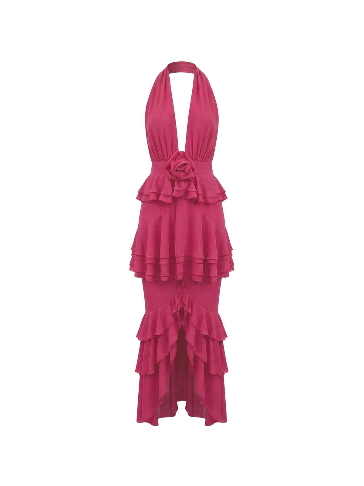 Robe Corisande Elyth Édition : robe longue fuchsia audacieuse avec un décolleté licou plongeant et une fleur sculpturale à la taille. Sa jupe asymétrique est ornée de multiples cascades de volants vaporeux, créant une silhouette spectaculaire et pleine de mouvement pour une allure résolument couture.