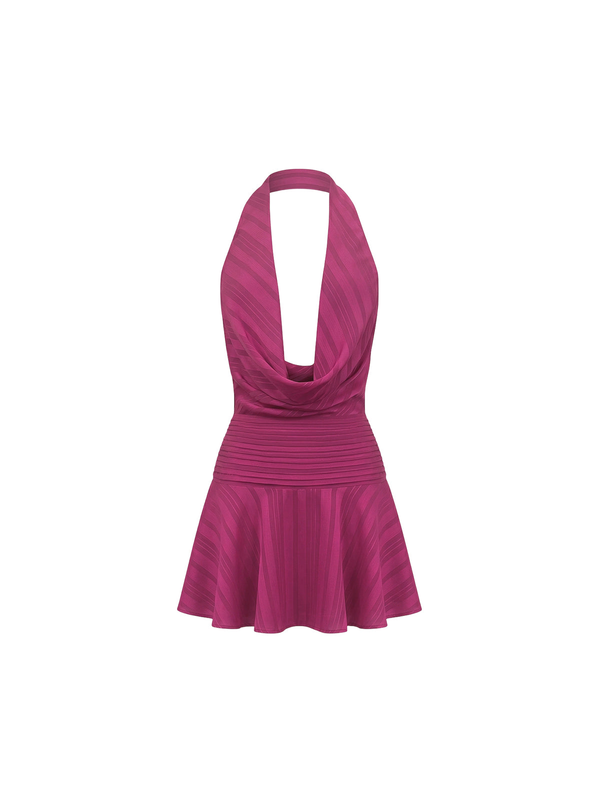 Robe Cosima Elyth Édition : mini-robe licou de couleur fuchsia intense en tissu à rayures ton sur ton, dotée d'un décolleté bénitier plongeant, d'une large taille froncée structurée et d'une jupe courte évasée pour une silhouette dynamique et élégante.