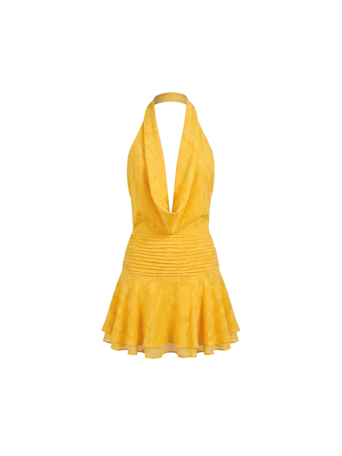 Robe Cosima Elyth Édition : mini-robe licou jaune soleil en jacquard floral texturé, présentant un décolleté bénitier plongeant et une large taille cintrée à plis horizontaux, terminée par une jupe courte fluide et aérienne.