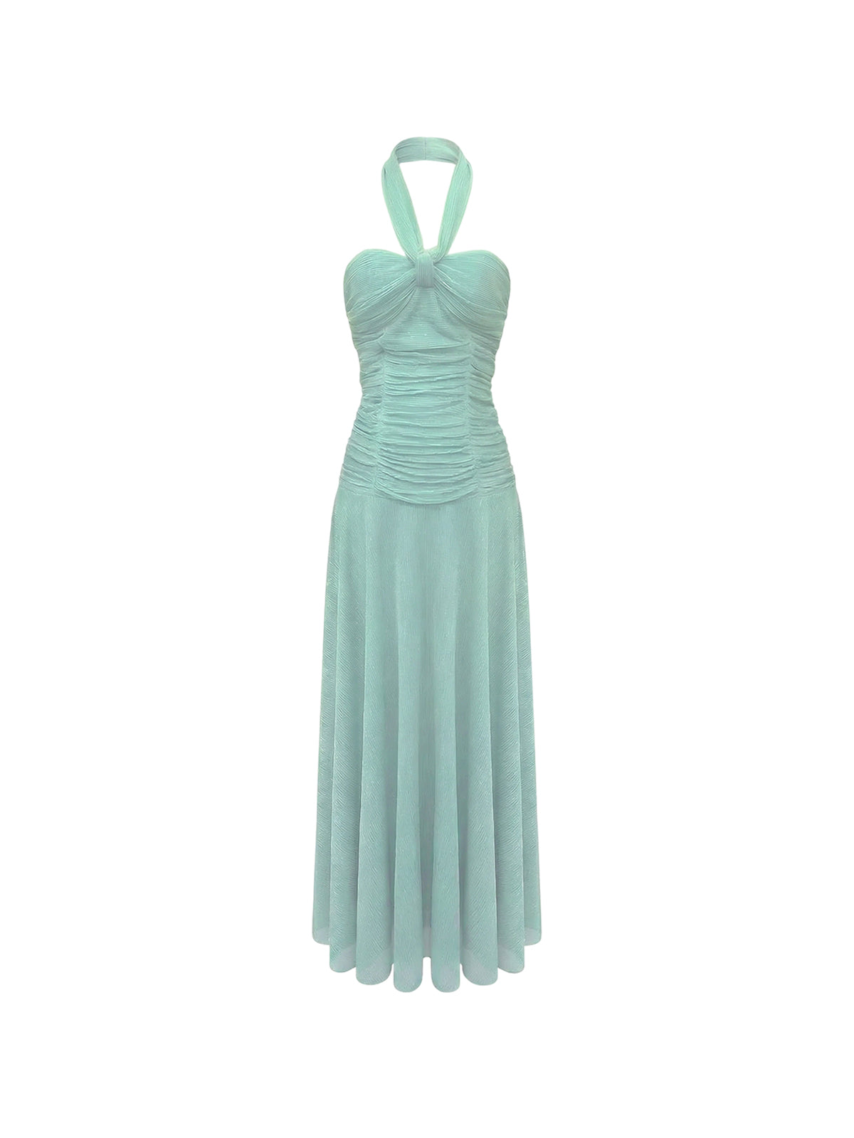 Robe Dahila Elyth Édition : robe midi vert menthe scintillante, confectionnée dans un tissu finement plissé et texturé. Elle présente un bustier cintré à col licou croisé et un corps froncé qui épouse les formes, s'ouvrant sur une jupe fluide et évasée pour une silhouette à la fois rétro et lumineuse.