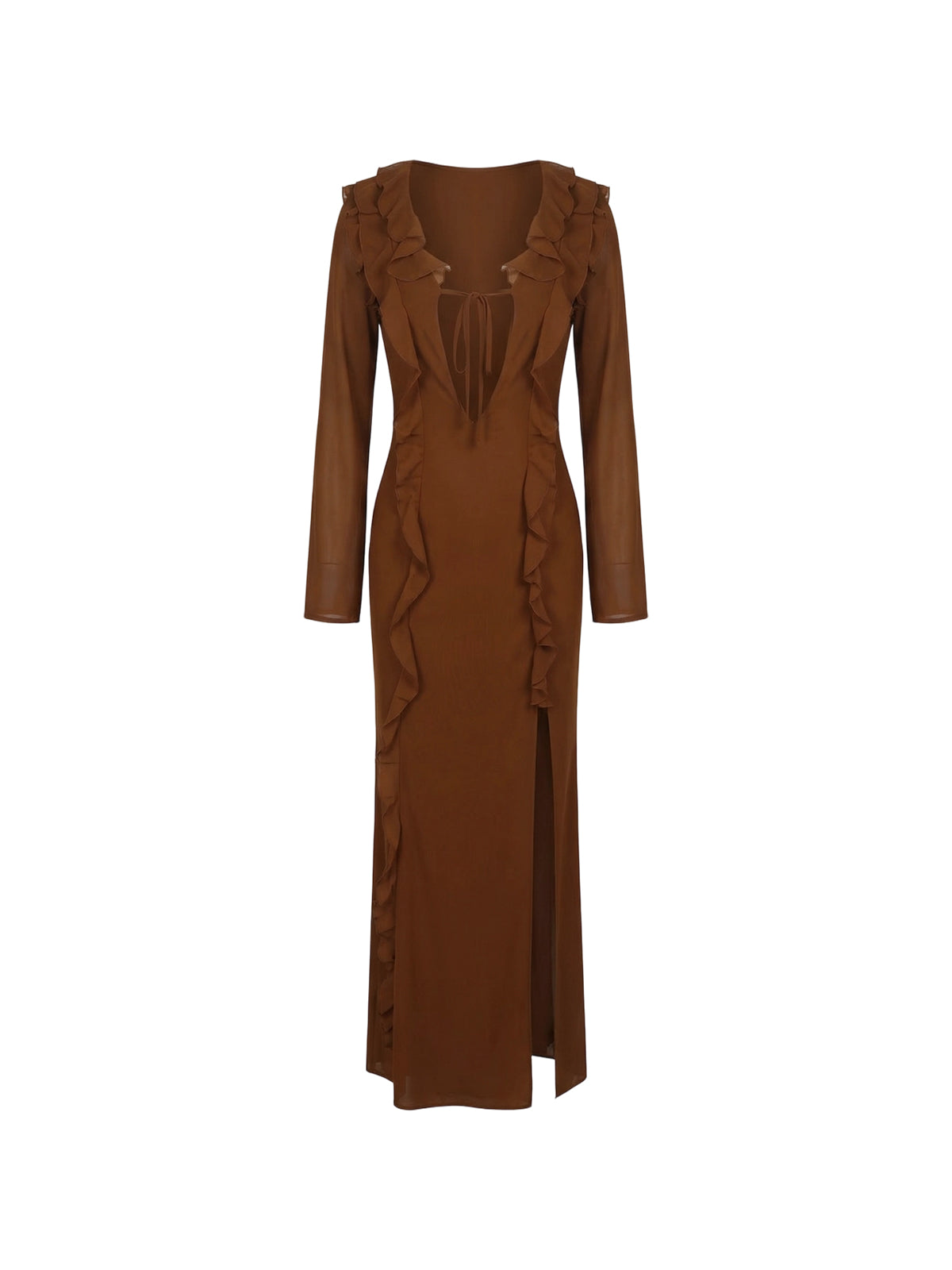 Robe Dalia Elyth Édition : robe longue de soirée marron chocolat en mousseline transparente, dotée d'un décolleté plongeant avec lien à nouer, de manches longues fluides et de volants en cascade sur toute la longueur et l'ouverture de la fente latérale.