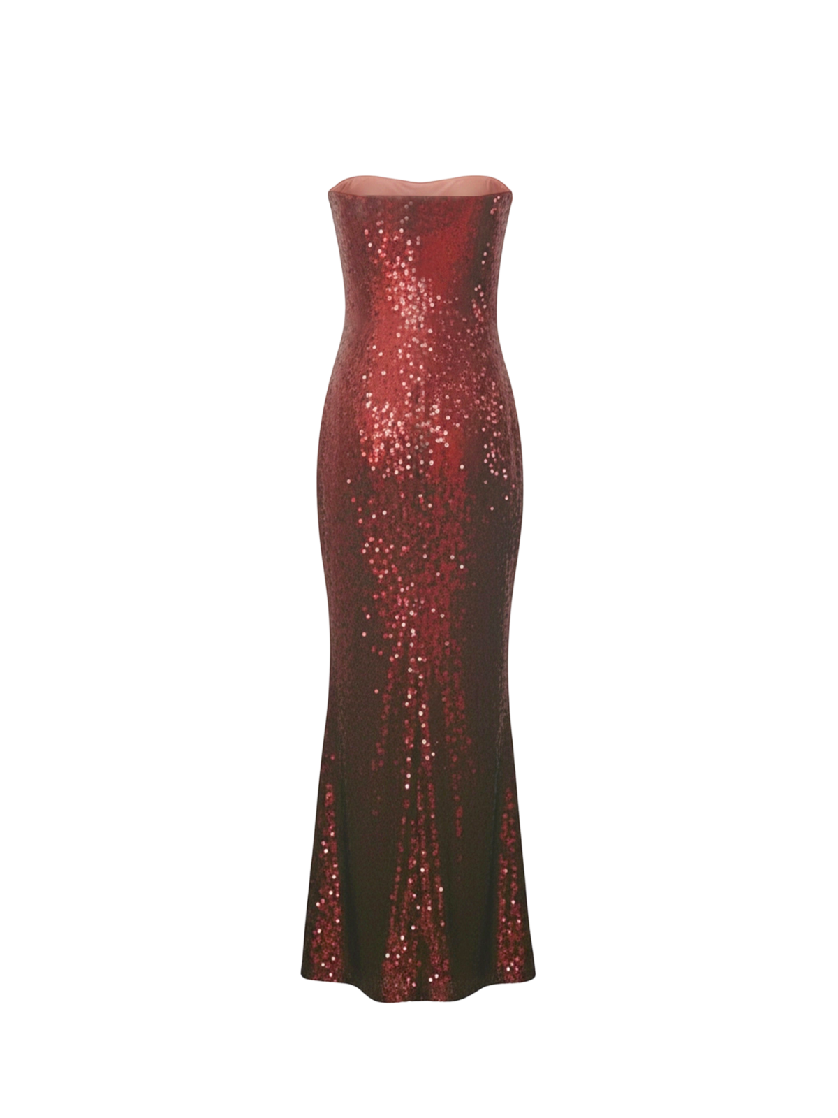 Robe Diane Elyth Édition : robe longue bustier fourreau de soirée entièrement recouverte de sequins rouge bordeaux scintillants, dotée d'une coupe sirène ajustée et d'une finition brillante pour une silhouette glamour et sophistiquée.