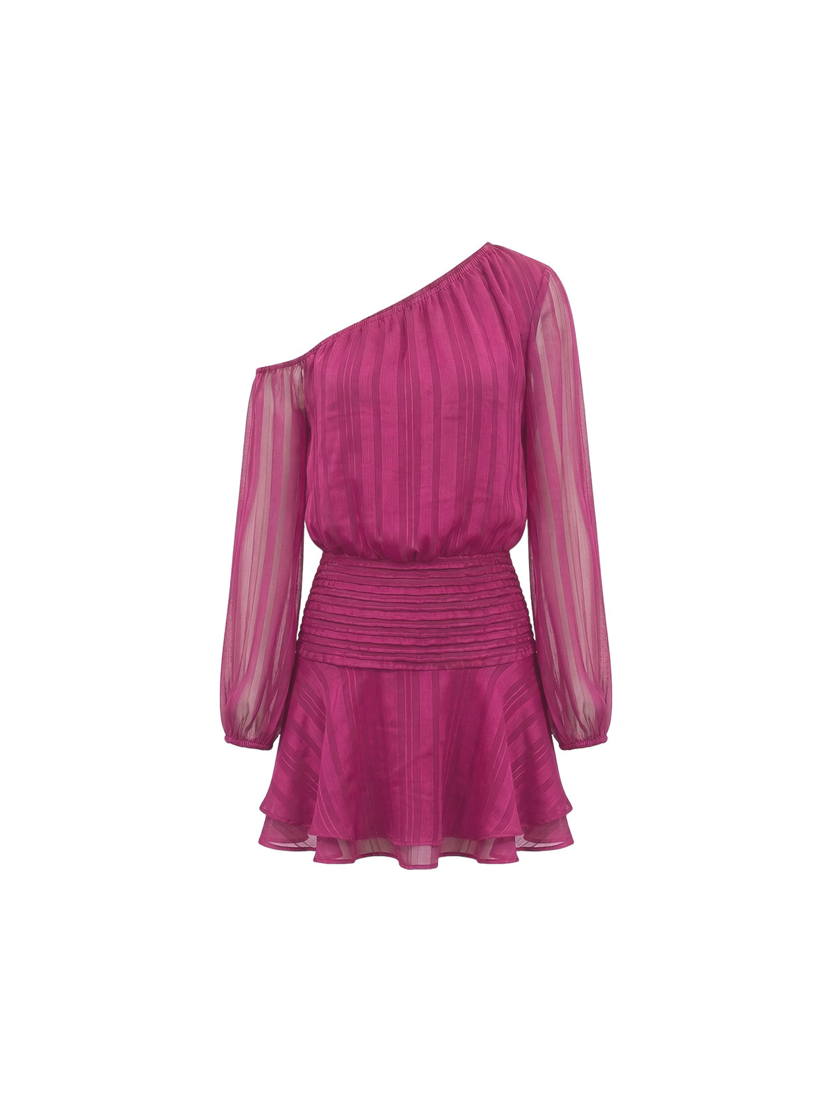 Robe Doris Elyth Édition : robe mini fuchsia asymétrique à col dénudé (one-shoulder), confectionnée en tissu rayé satiné et transparent. Elle est dotée d'une manche longue bouffante, d'une taille large smockée élastique et d'une jupe à volants superposés.
