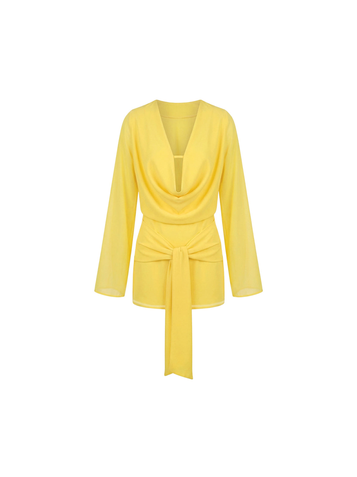 Robe Elara Elyth Édition : robe mini jaune vif fluide avec un décolleté plongeant bénitier, des manches longues évasées et une ceinture large nouée à l'avant pour souligner la taille.