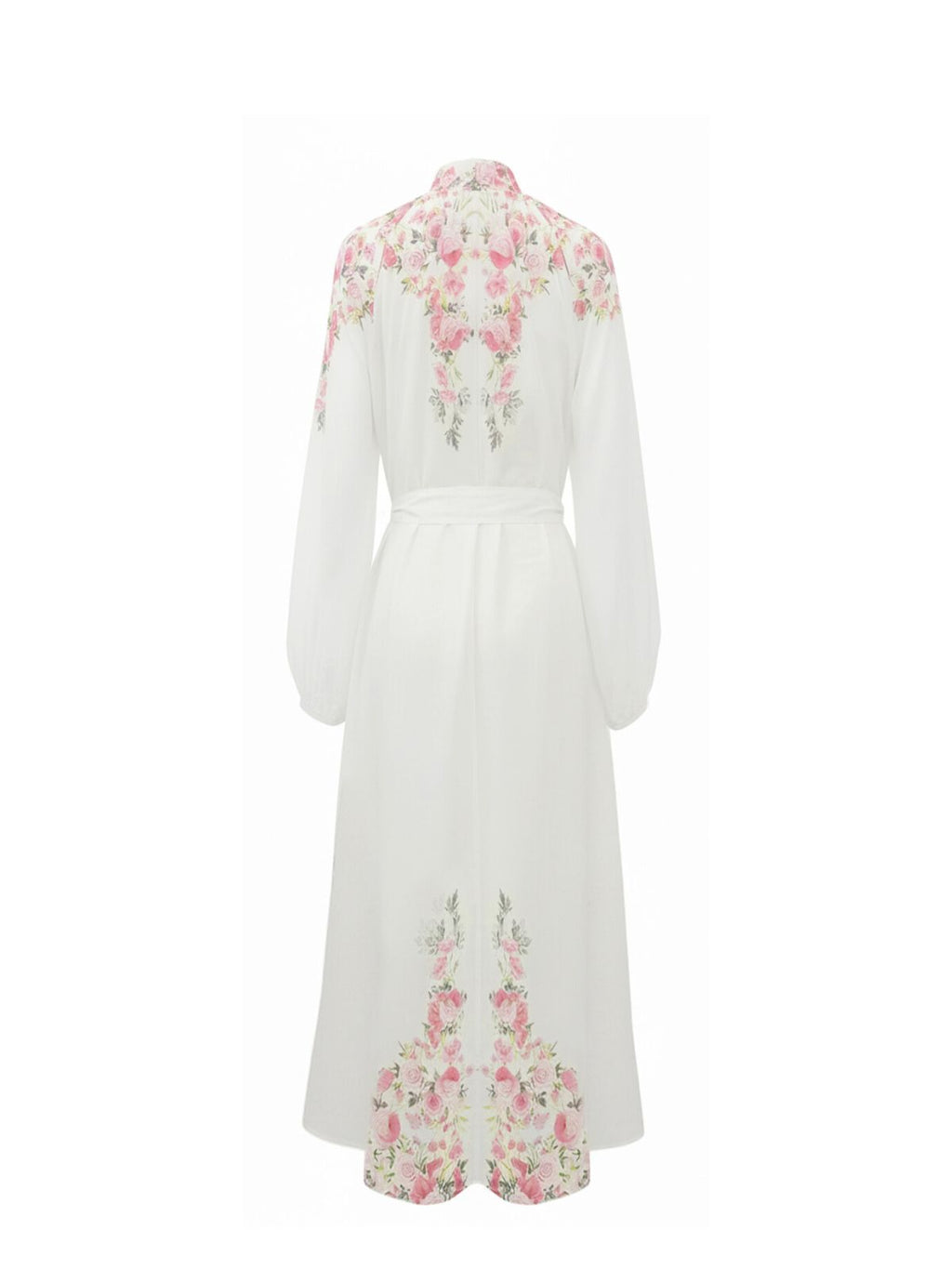 Robe Eloise Elyth Édition : robe longue blanche en lin et coton à col montant, ornée de riches broderies de roses roses et feuillage vert sur les épaules et les ourlets, dotée d'un boutonnage frontal complet, de manches bouffantes et d'une ceinture nœud assortie.