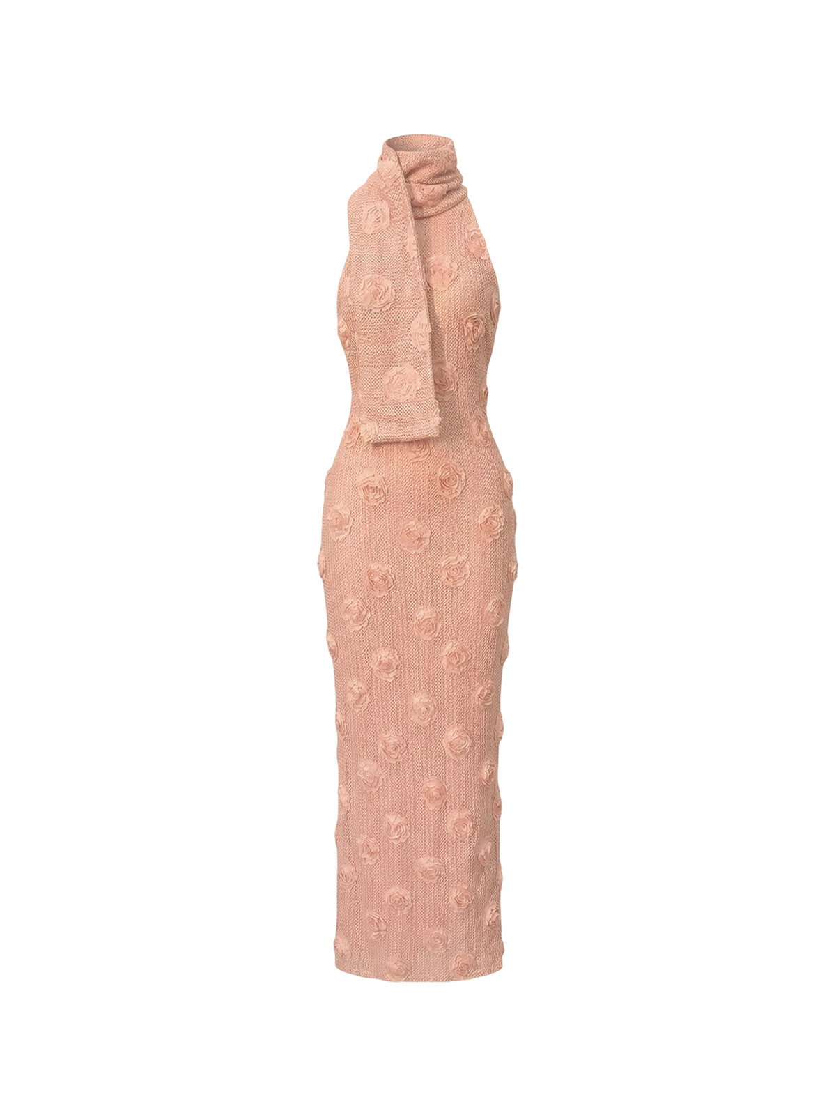 Robe Emma Elyth Édition : robe longue de soirée licou en maille rose poudré, ornée de roses en relief (3D) sur l'ensemble de la silhouette, dotée d'un col montant drapé façon écharpe pour un style sculptural et romantique.