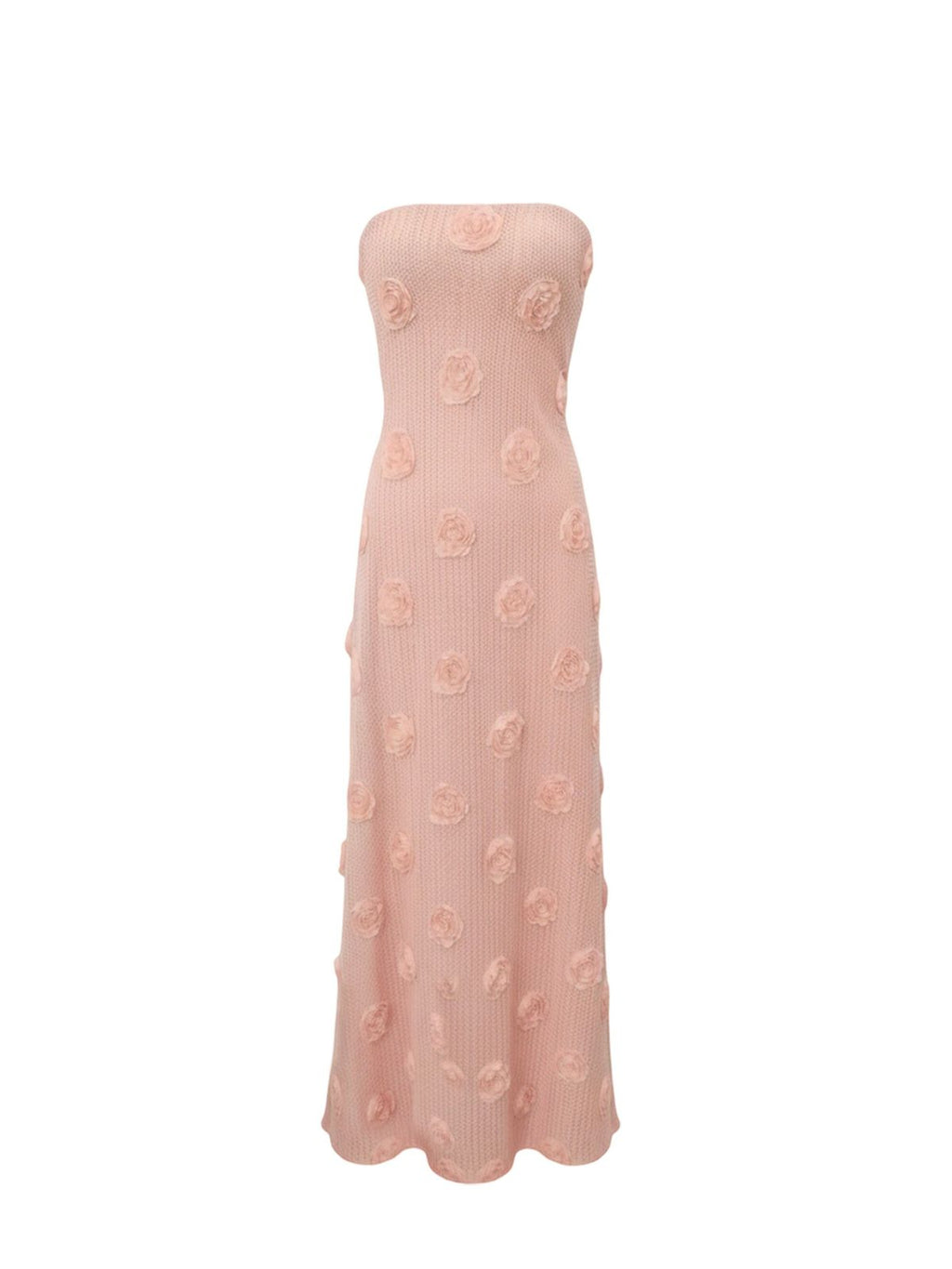 Robe Emma Elyth Édition : robe longue bustier fourreau rose poudré en maille nid d'abeille texturée, ornée de roses 3D appliquées en relief sur l'ensemble du vêtement pour une silhouette romantique, épurée et sculpturale.