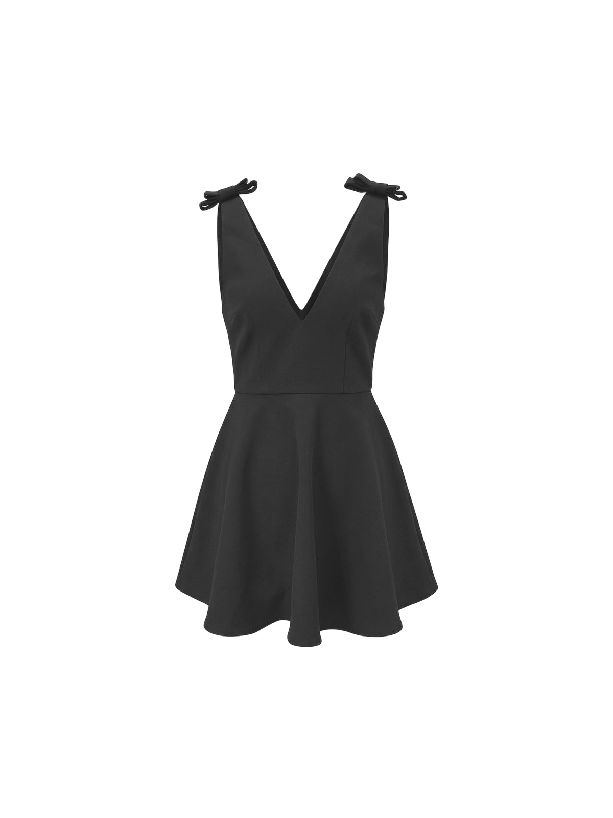 Robe Etta Elyth Édition : petite robe noire courte à la coupe patineuse, présentant un décolleté en V plongeant et des bretelles larges ornées de nœuds délicats aux épaules pour une silhouette féminine et structurée.