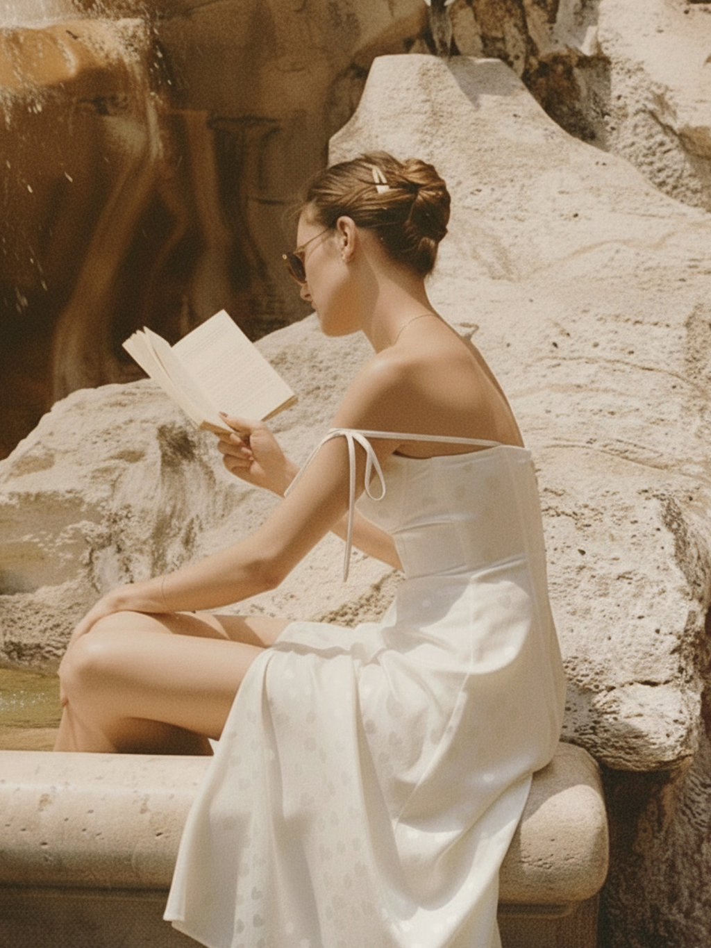 Robe Eve Elyth Édition : robe mi-longue blanche à imprimé damassé ton sur ton, dotée d'un bustier corset structuré avec bonnets paddés, de fines bretelles à nouer sur les épaules et d'une jupe évasée fluide avec fente latérale.