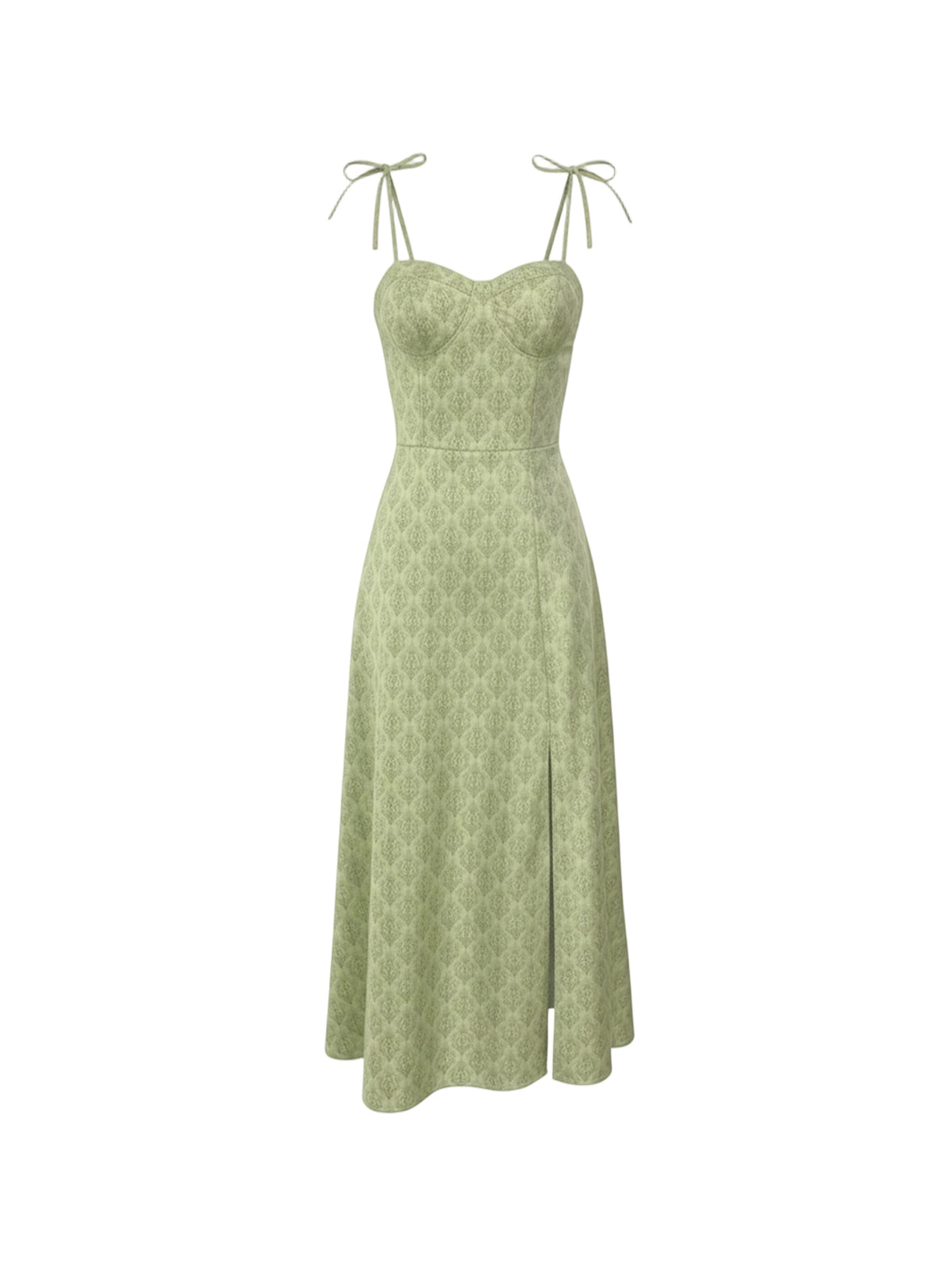 Robe Eve Elyth Édition : robe mi-longue vert amande à imprimé damassé ton sur ton, dotée d'un bustier corset structuré à bonnets paddés, de fines bretelles à nouer et d'une jupe évasée avec une fente latérale discrète.