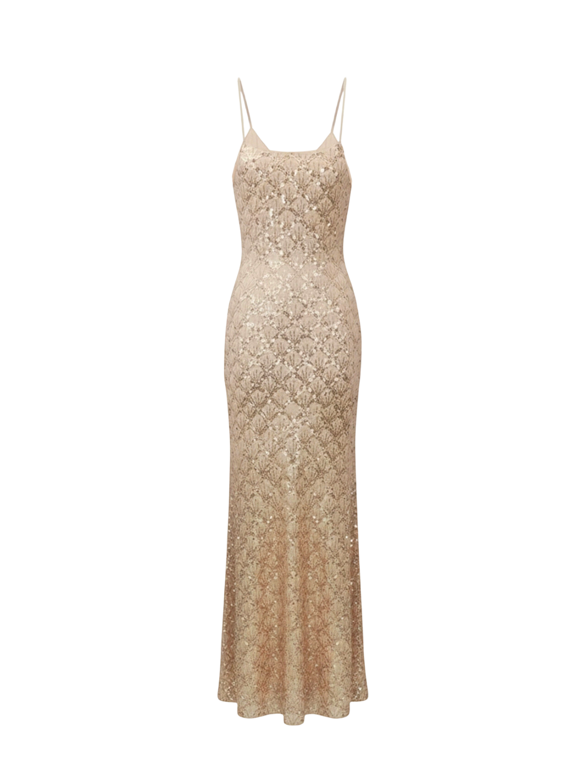 Robe Freya Elyth Édition : robe longue de soirée champagne à fines bretelles, ornée de sequins dorés formant des motifs d'écailles géométriques, dotée d'un décolleté en V et d'une fente latérale haute pour une silhouette sculptée et étincelante.