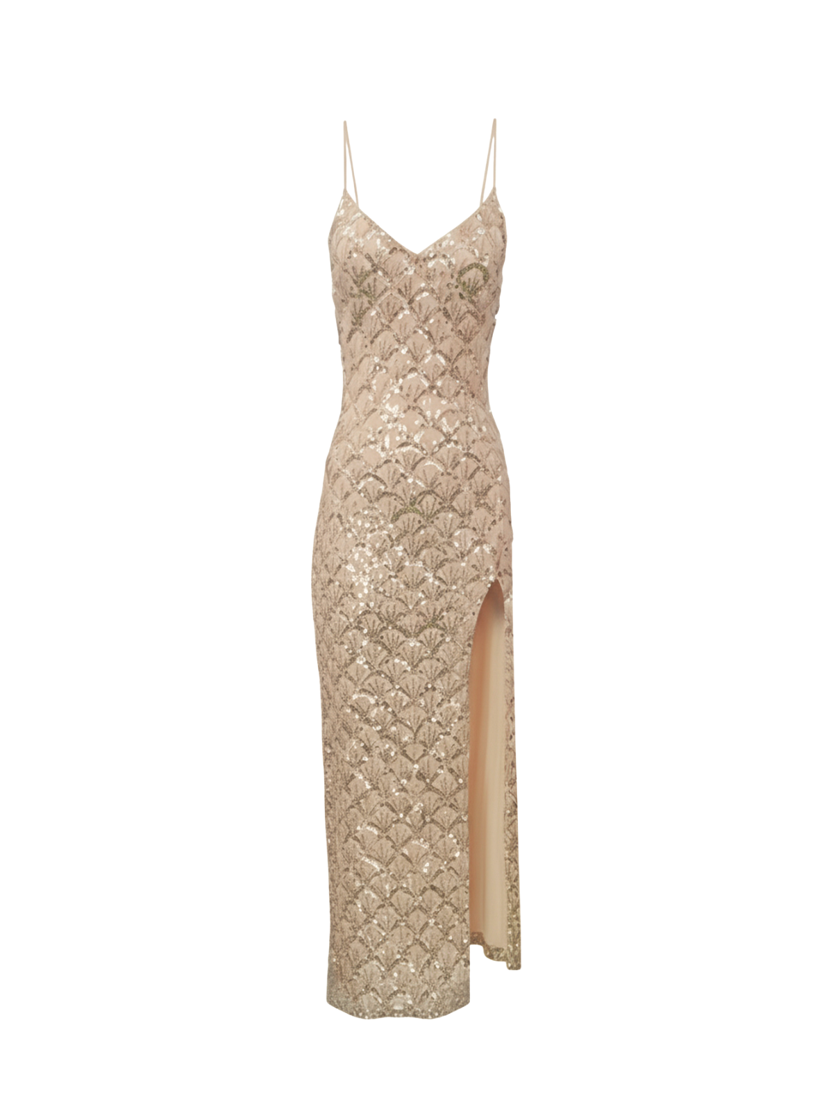 Robe Freya Elyth Édition : robe longue de soirée champagne à fines bretelles, ornée de sequins dorés formant des motifs d'écailles géométriques, dotée d'un décolleté en V et d'une fente latérale haute pour une silhouette sculptée et étincelante.