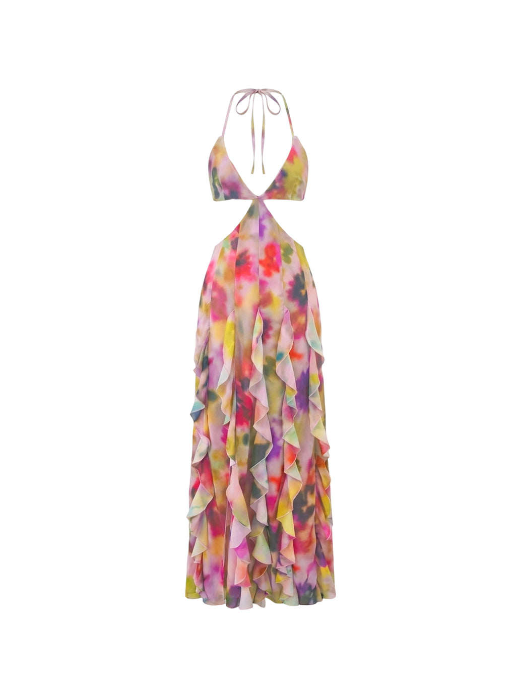 Ginny Maxi Dress by Elyth Édition: a vibrant floral watercolor halter gown featuring side waist cut-outs and a flowing skirt detailed with vertical ruffled tiers in pink, yellow, and green hues.