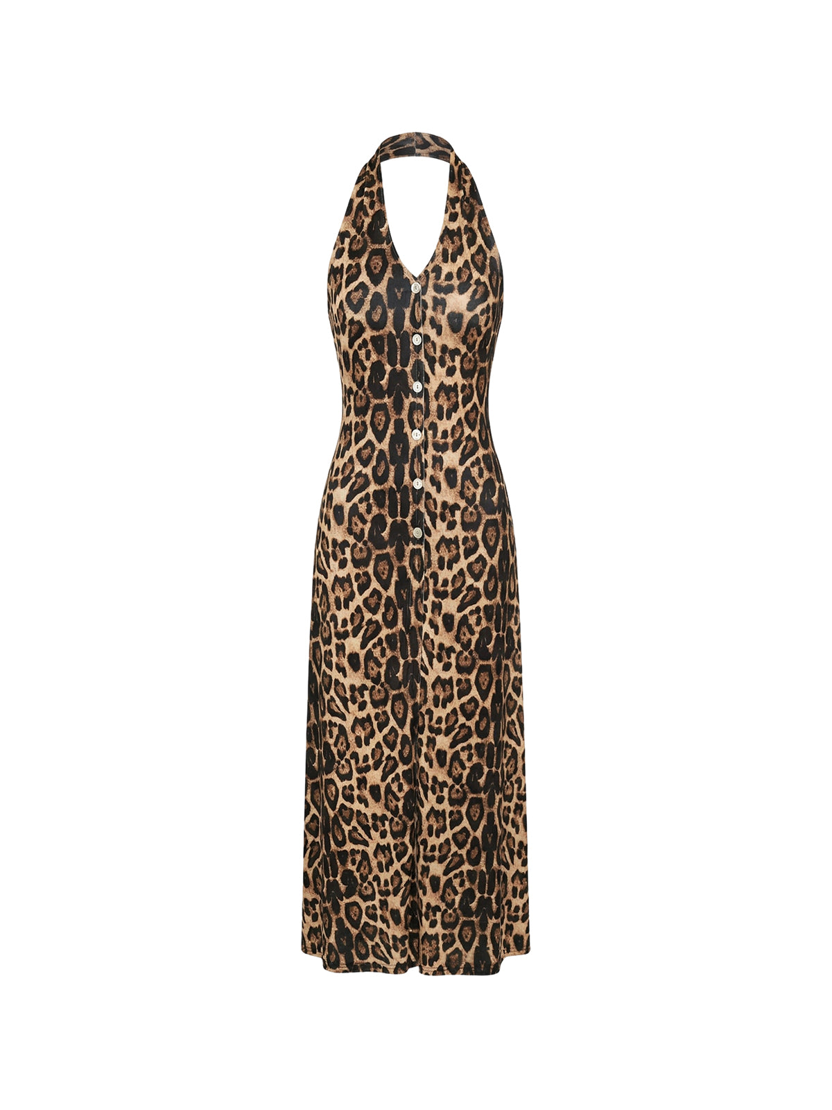 Robe Geer Elyth Édition : robe longue fluide au motif léopard, se distinguant par son encolure licou (halter neck) dégagée et une rangée de petits boutons décoratifs à l'avant. Sa coupe raffinée est idéale pour des soirées élégantes.