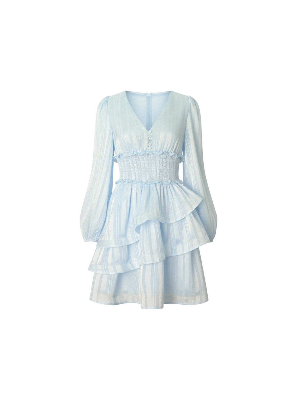 Robe Harper Elyth Édition : robe courte bleu ciel à rayures verticales satinées, dotée d'un décolleté en V avec petits boutons, d'une taille haute smockée élastique et d'une jupe courte à volants superposés.