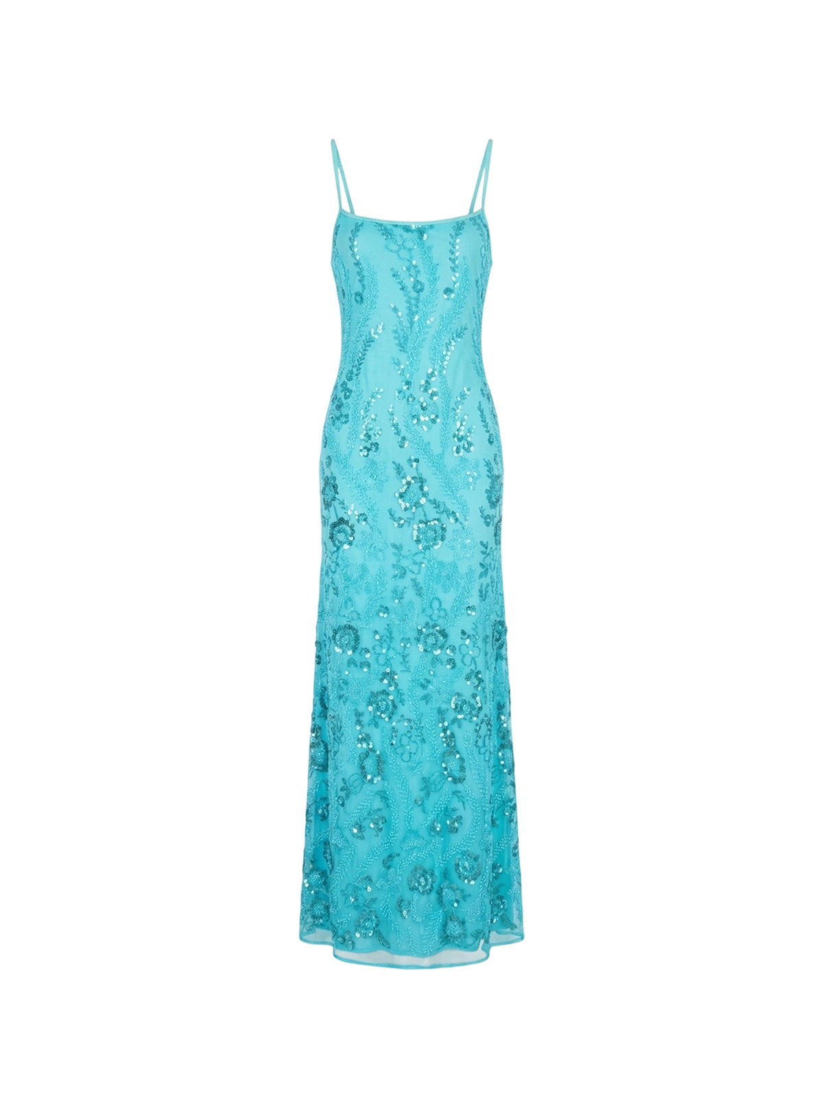 Robe Ione Elyth Édition : robe longue à brethélles fines de couleur bleu turquoise, ornée de broderies florales en sequins ton sur ton pour un effet scintillant et élégant.
